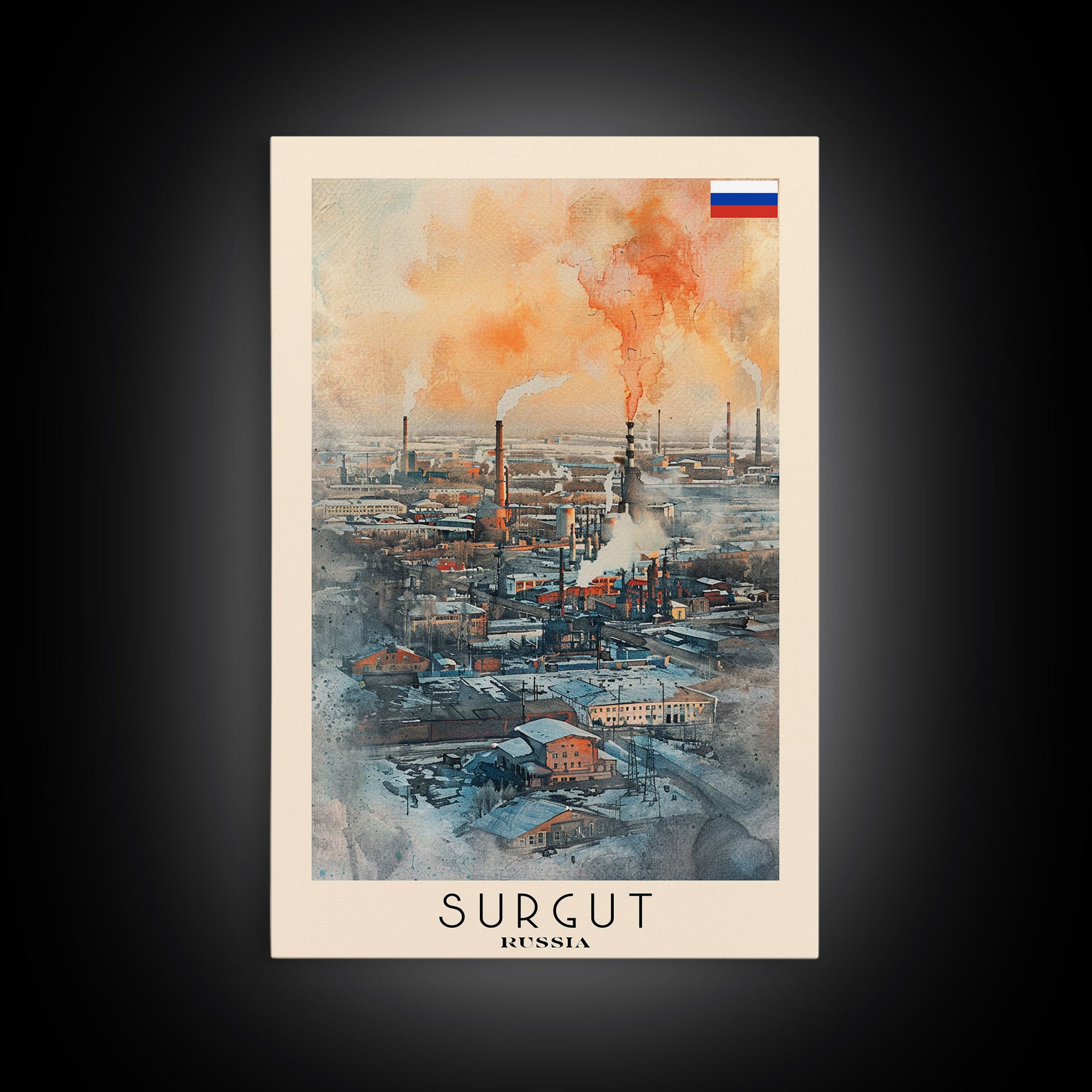 Surgut Russia Travel Poster Framed Canvas Print, Watercolor Painting, Scenic Wall Art, Home Decor, Russian Landscape, Minimalist Art