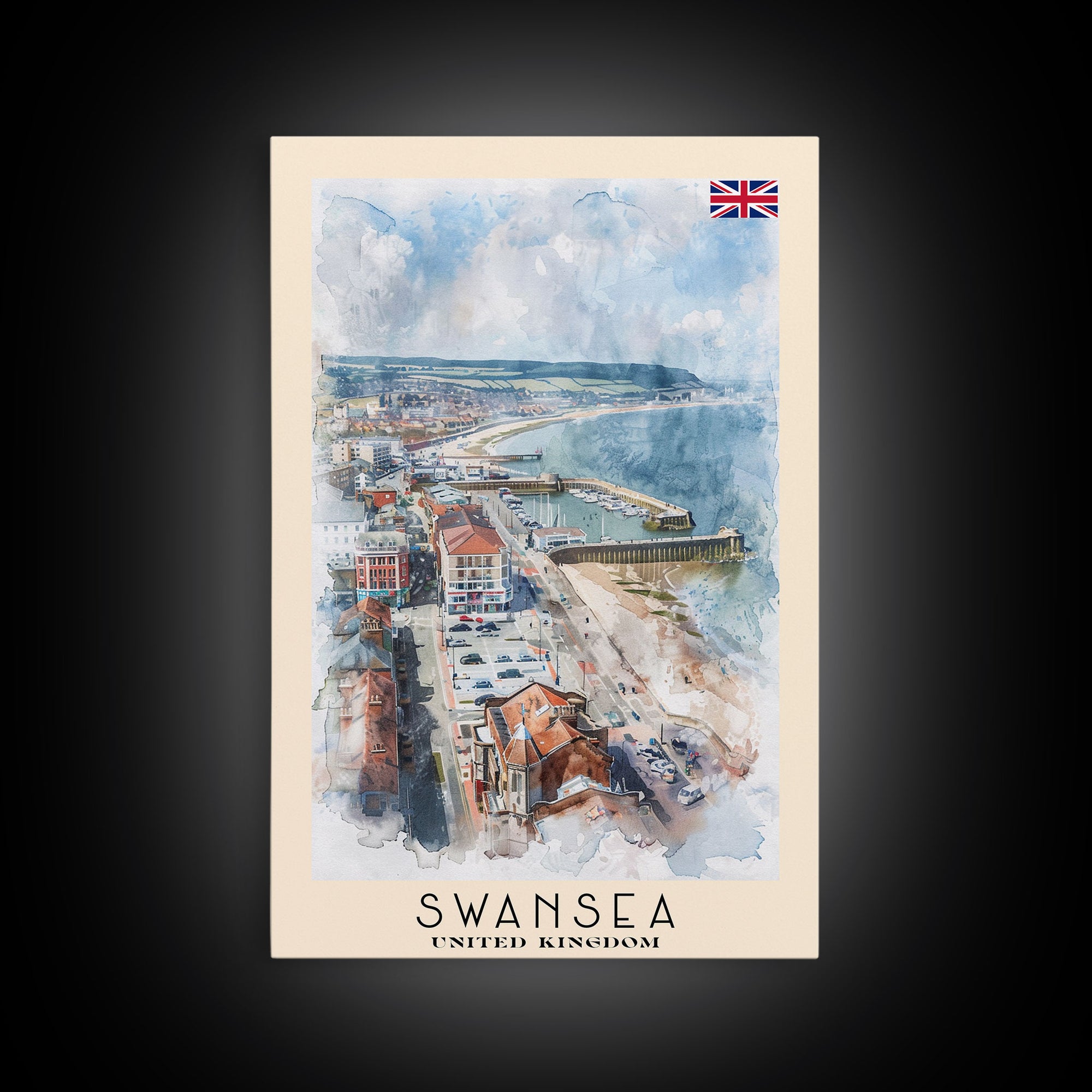 Swansea United Kingdom Travel Poster Framed Canvas Print, Watercolor Painting, Coastal Wall Art, Home Decor, British Seaside, Nautical Art