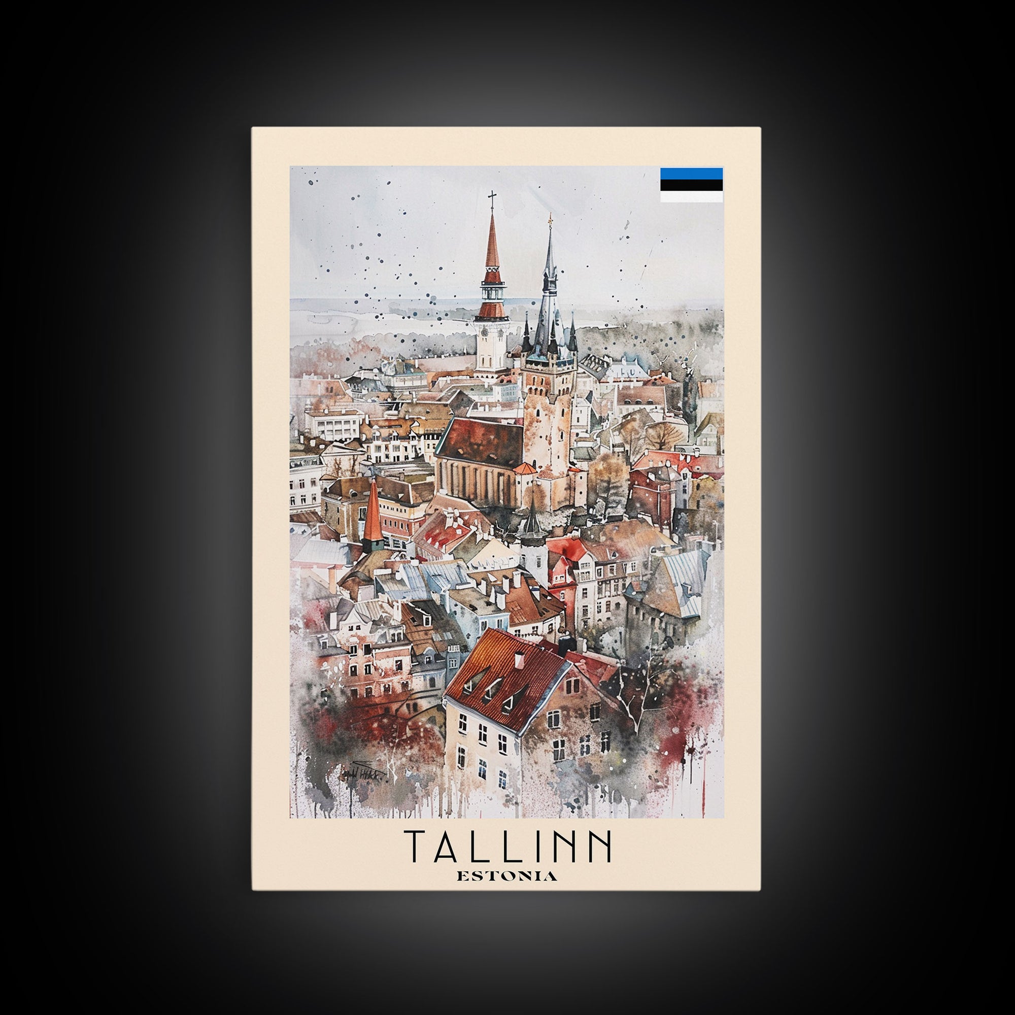 Tallinn Estonia Travel Poster Framed Canvas Print, Watercolor Painting, Scenic Wall Art, Home Decor, Estonian Cityscape, Modern Art