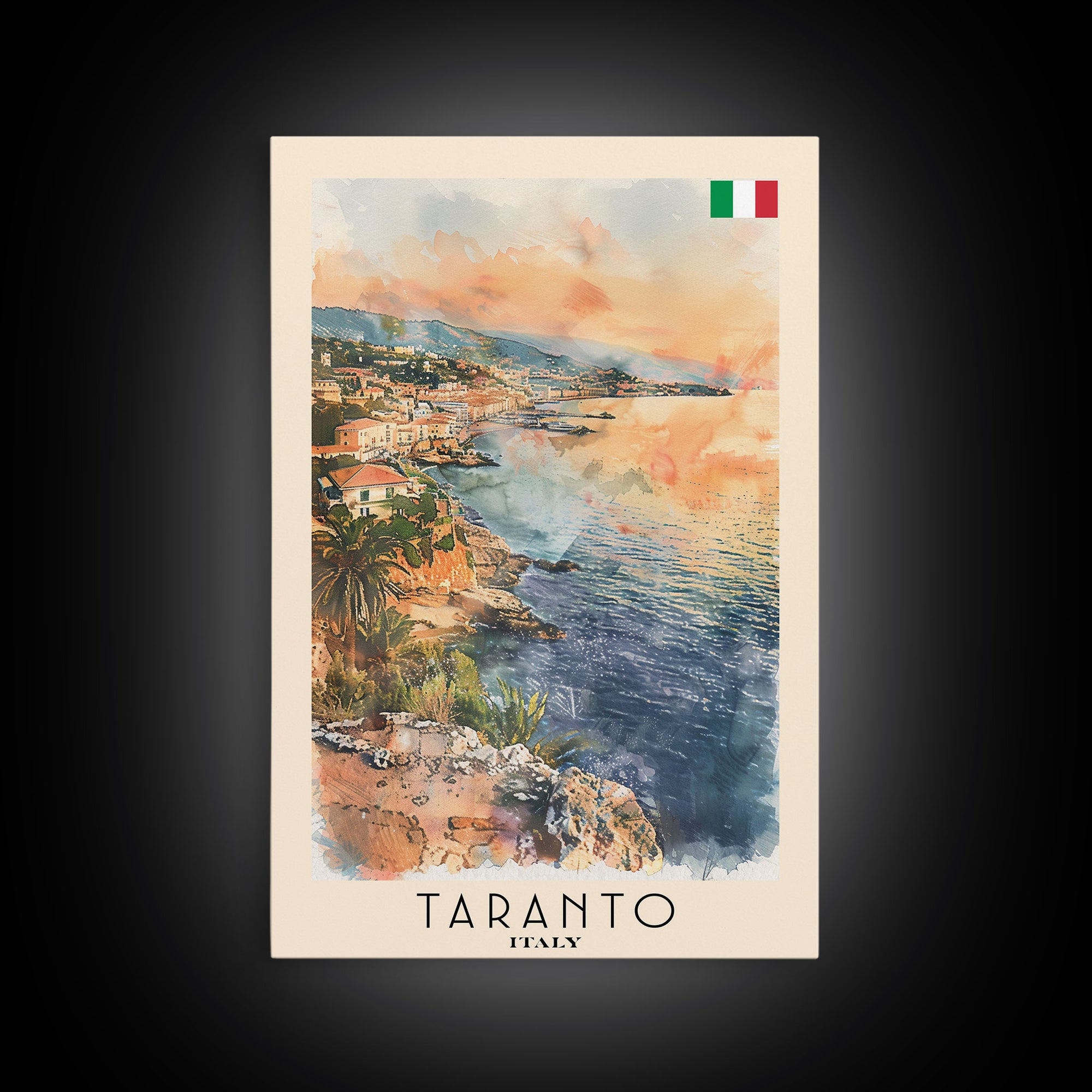 Taranto Italy Travel Poster Framed Canvas Print, Watercolor Painting, Coastal Wall Art, Home Decor, Italian Seaside, Nautical Decor