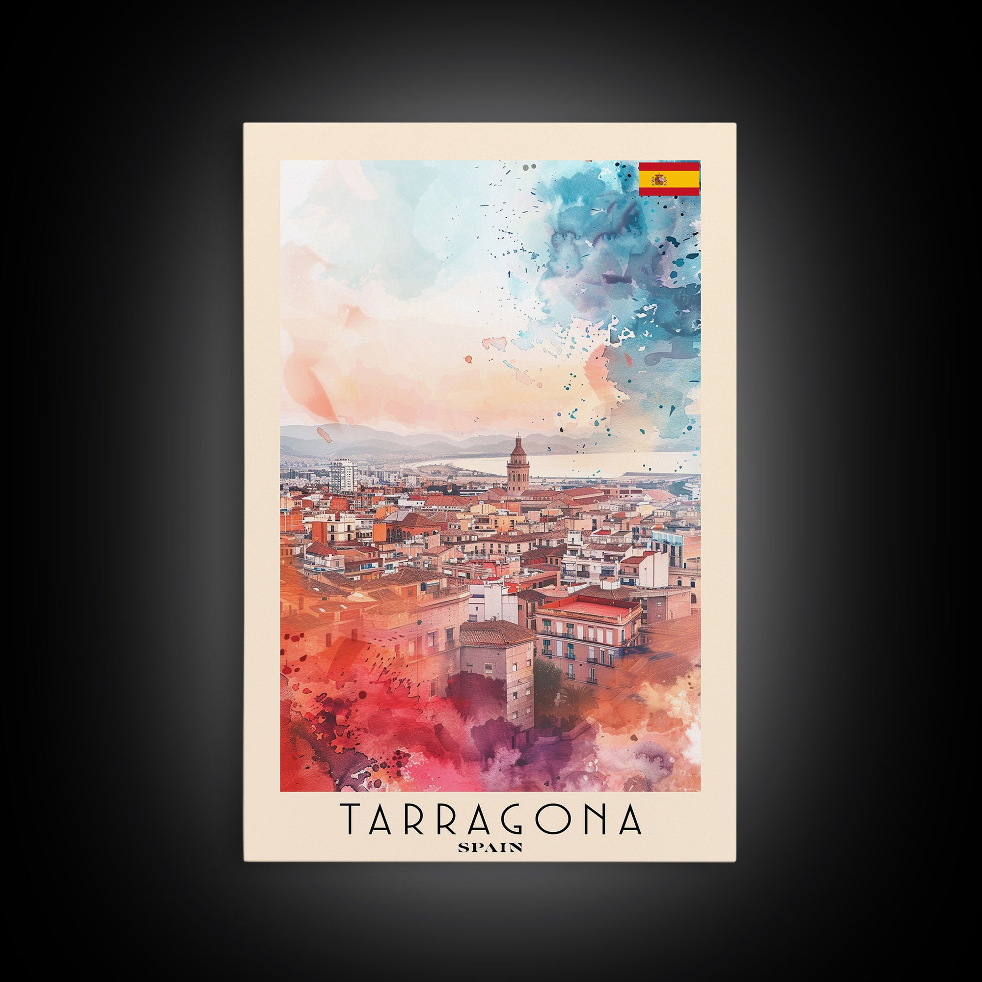 Tarragona Spain Travel Poster Framed Canvas Print, Watercolor Painting, Scenic Wall Art, Home Decor, Spanish Cityscape, Classic Art