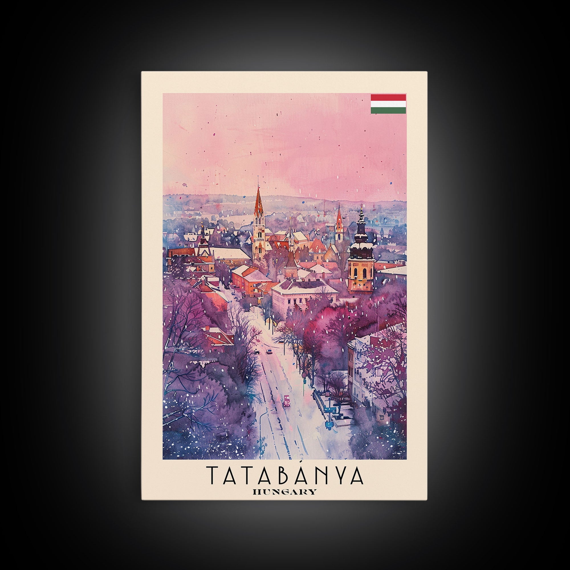 Tatabanya Hungary Travel Poster Framed Canvas Print, Watercolor Painting, Scenic Wall Art, Home Decor, Hungarian Landscape, Vibrant Art