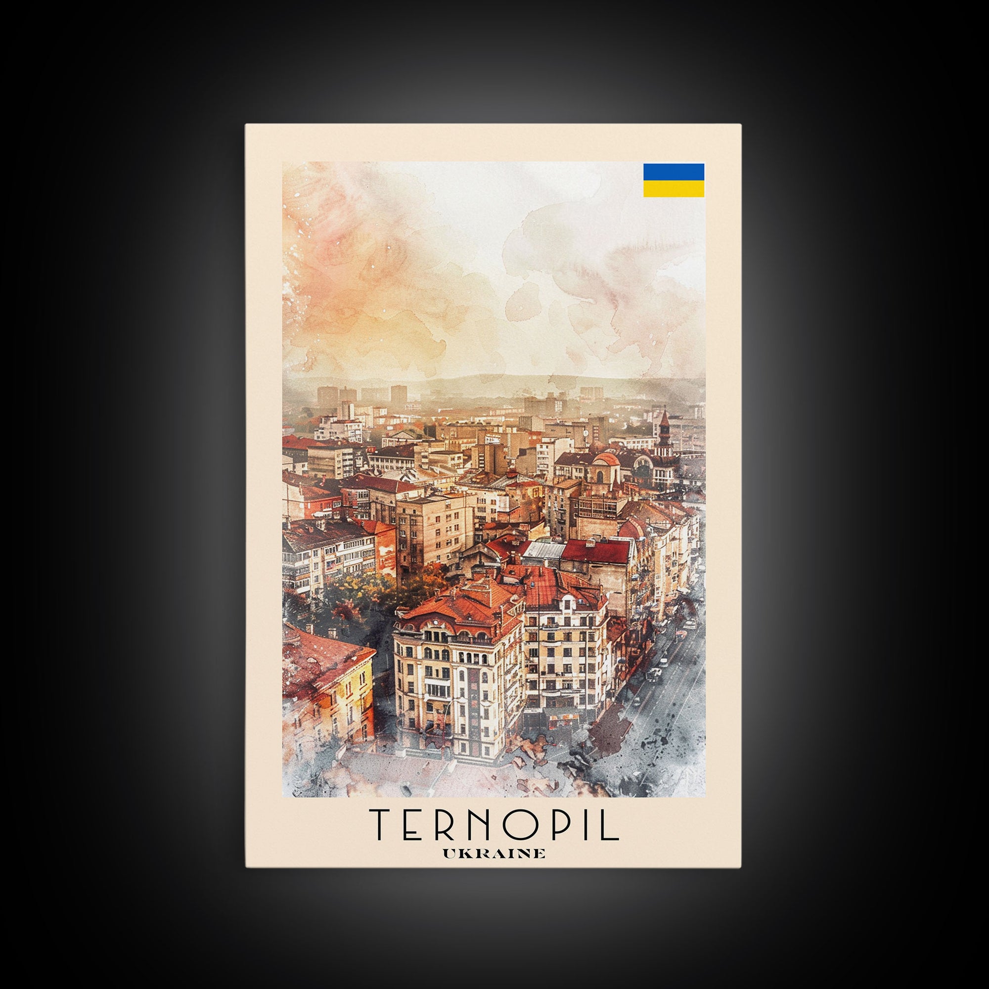 Ternopil Ukraine Travel Poster Framed Canvas Print, Watercolor Painting, Scenic Wall Art, Home Decor, Ukrainian Landscape, Classic Decor