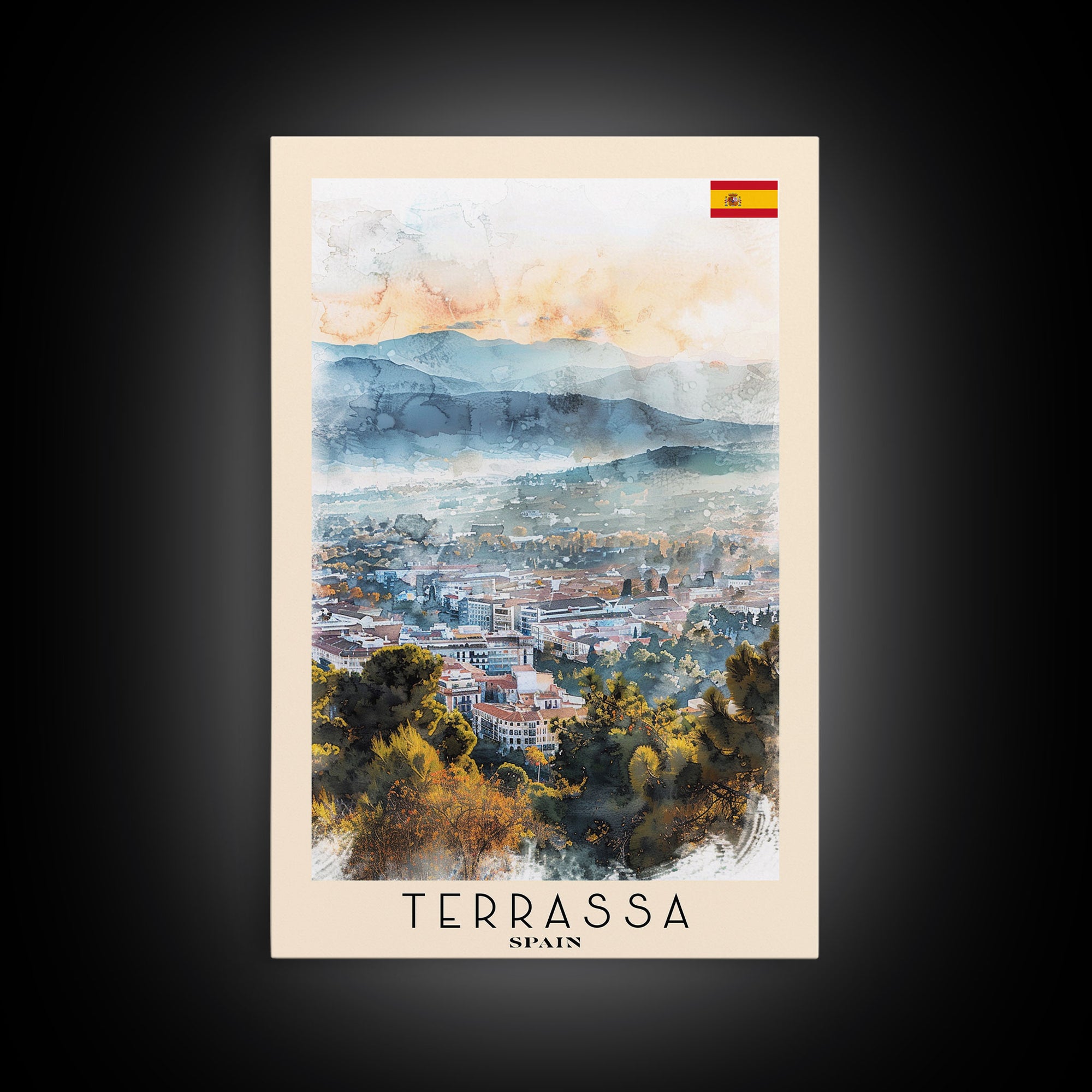 Terrassa Spain Travel Poster Framed Canvas Print, Watercolor Painting, Urban Wall Art, Home Decor, Spanish Cityscape, Modern Art