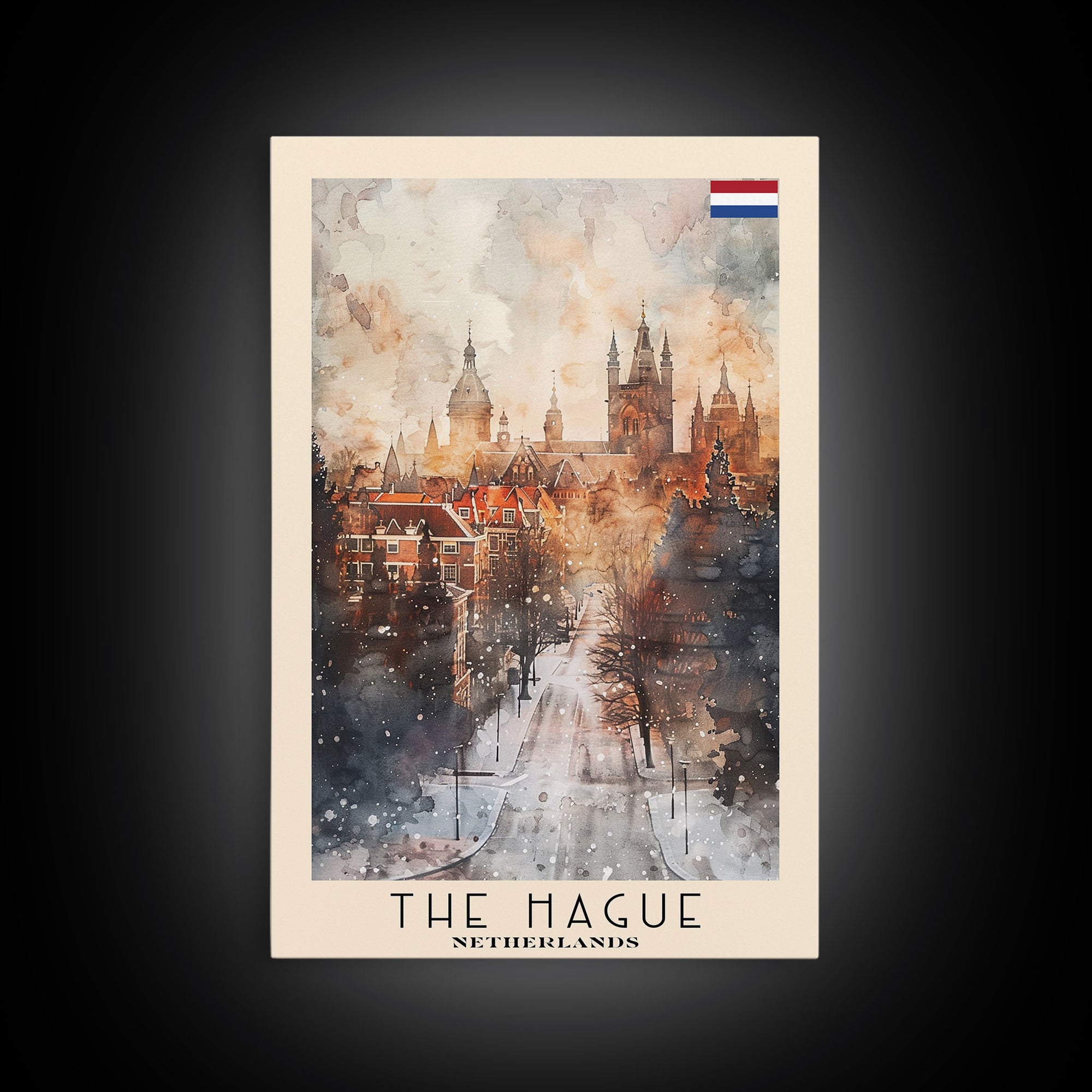 The Hague Netherlands Travel Poster Framed Canvas Print, Watercolor Painting, Scenic Wall Art, Home Decor, Dutch Cityscape, Artistic Art