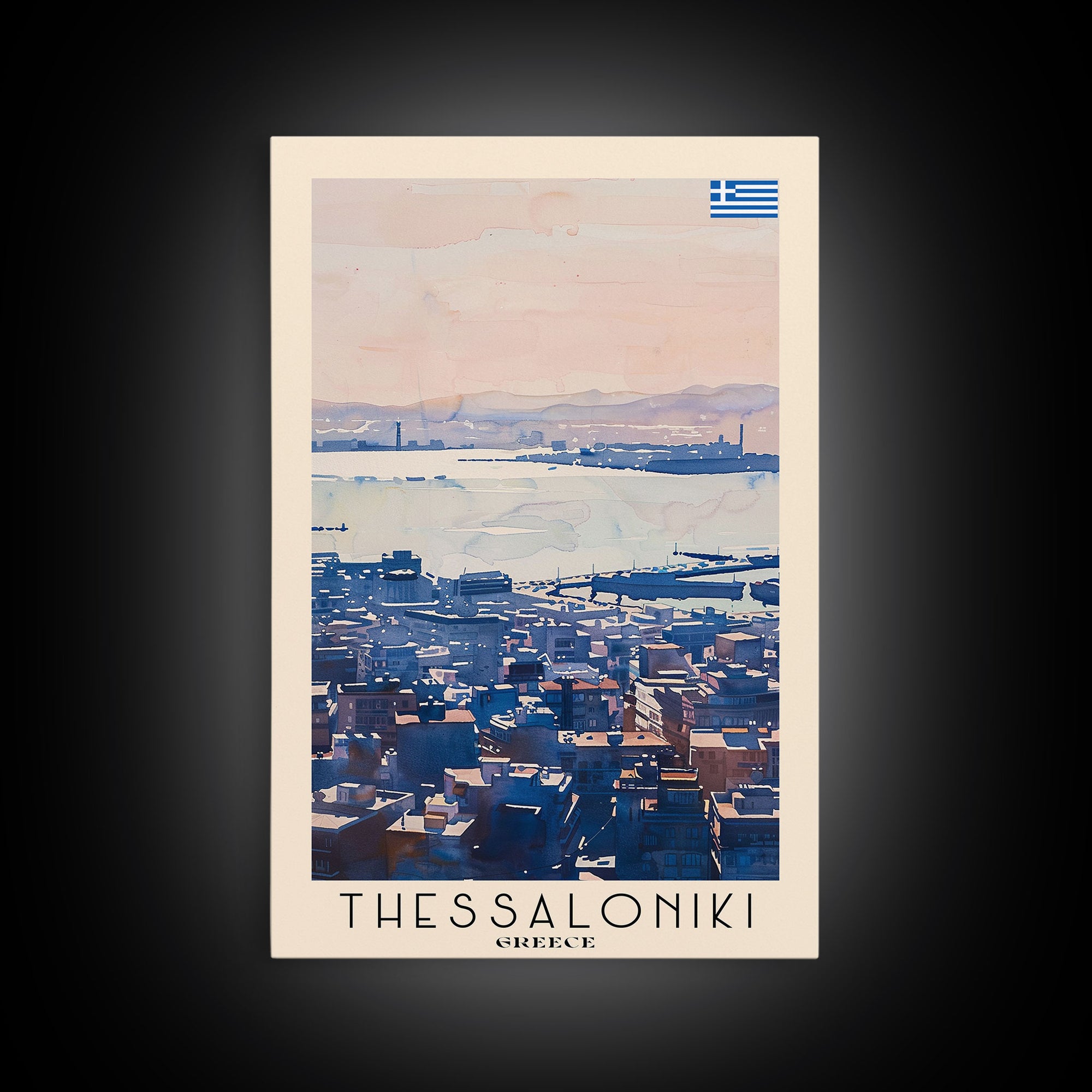 Thessaloniki Greece Travel Poster Framed Canvas Print, Watercolor Painting, Coastal Wall Art, Home Decor, Greek Seaside, Classic Decor