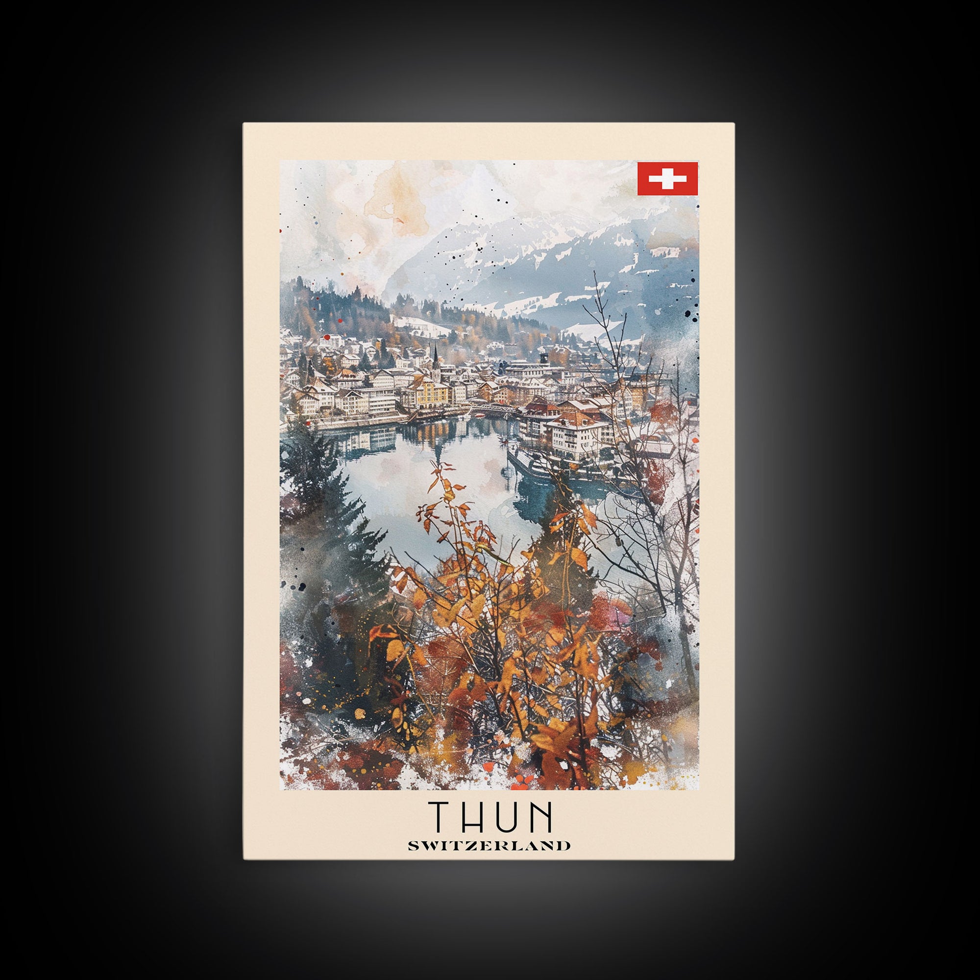 Thun Switzerland Travel Poster Framed Canvas Print, Watercolor Painting, Scenic Wall Art, Home Decor, Swiss Landscape, Alpine Art