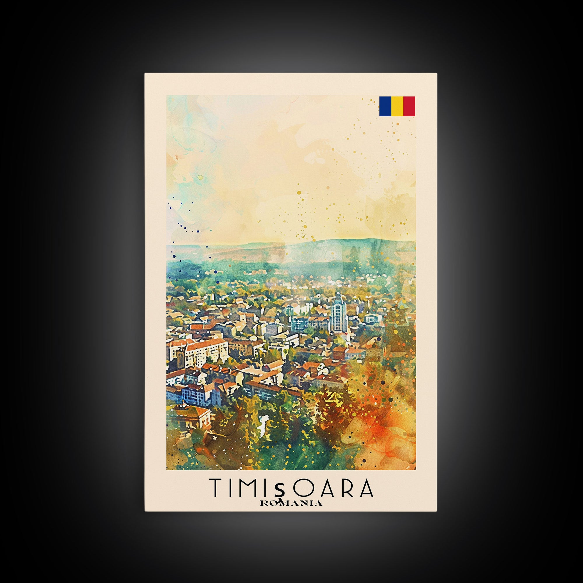 Timisoara Romania Travel Poster Framed Canvas Print, Watercolor Painting, Scenic Wall Art, Home Decor, Romanian Architecture, Heritage Art