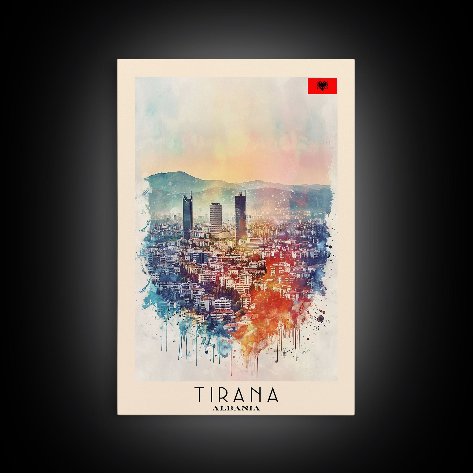 Tirana Albania Travel Poster Framed Canvas Print, Watercolor Painting, Urban Wall Art, Home Decor, Albanian Cityscape, Exotic Decor