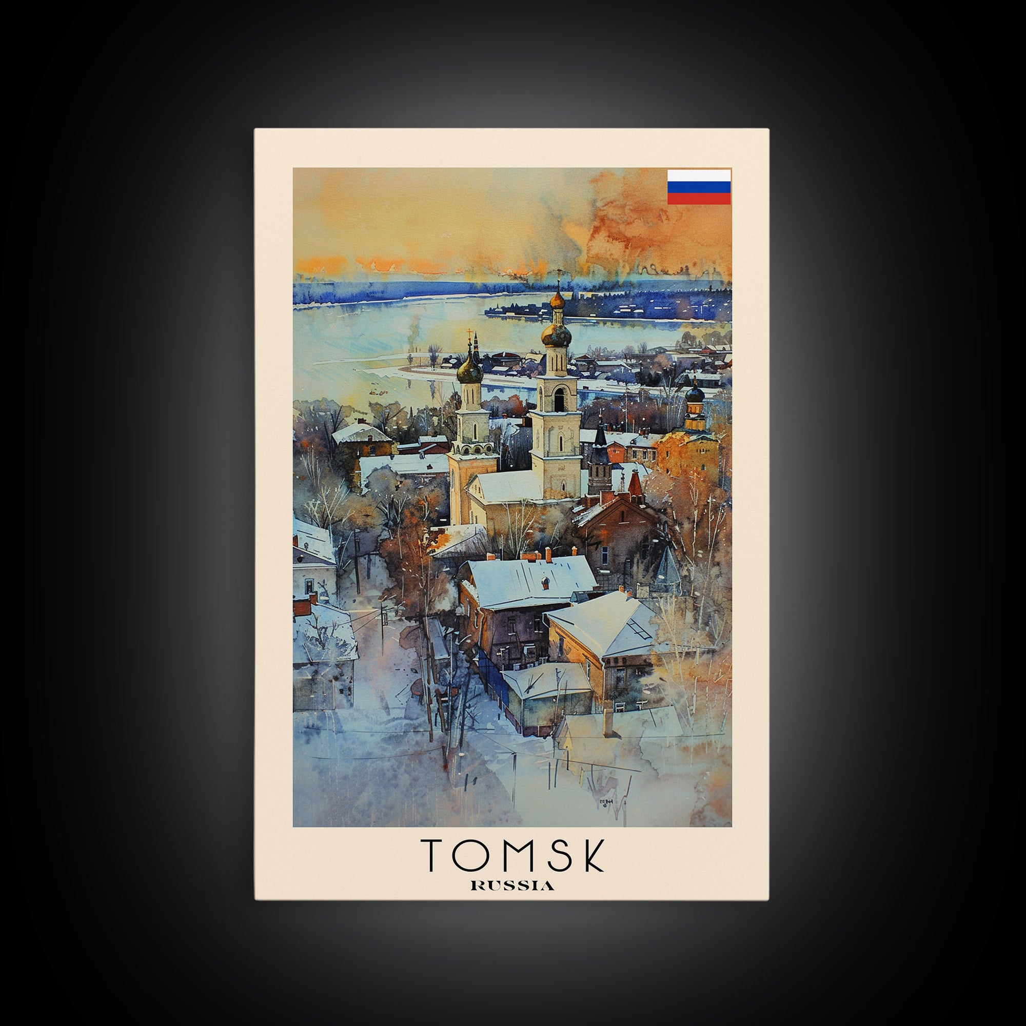 Tomsk Russia Travel Poster Framed Canvas Print, Watercolor Painting, Urban Wall Art, Home Decor, Russian Cityscape, Vintage Decor