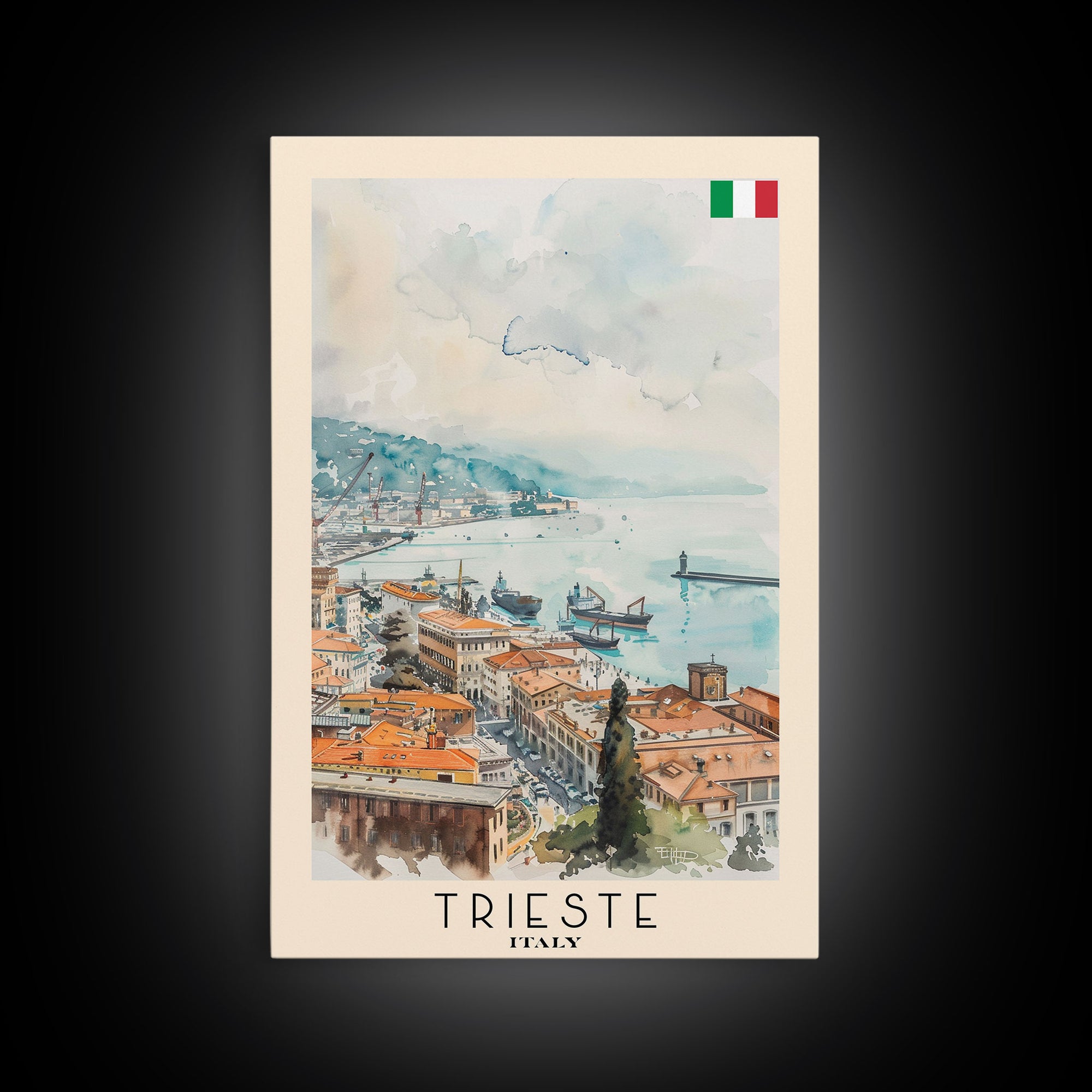 Trieste Italy Travel Poster Framed Canvas Print, Watercolor Painting, Coastal Wall Art, Home Decor, Italian Seaside, Nautical Art