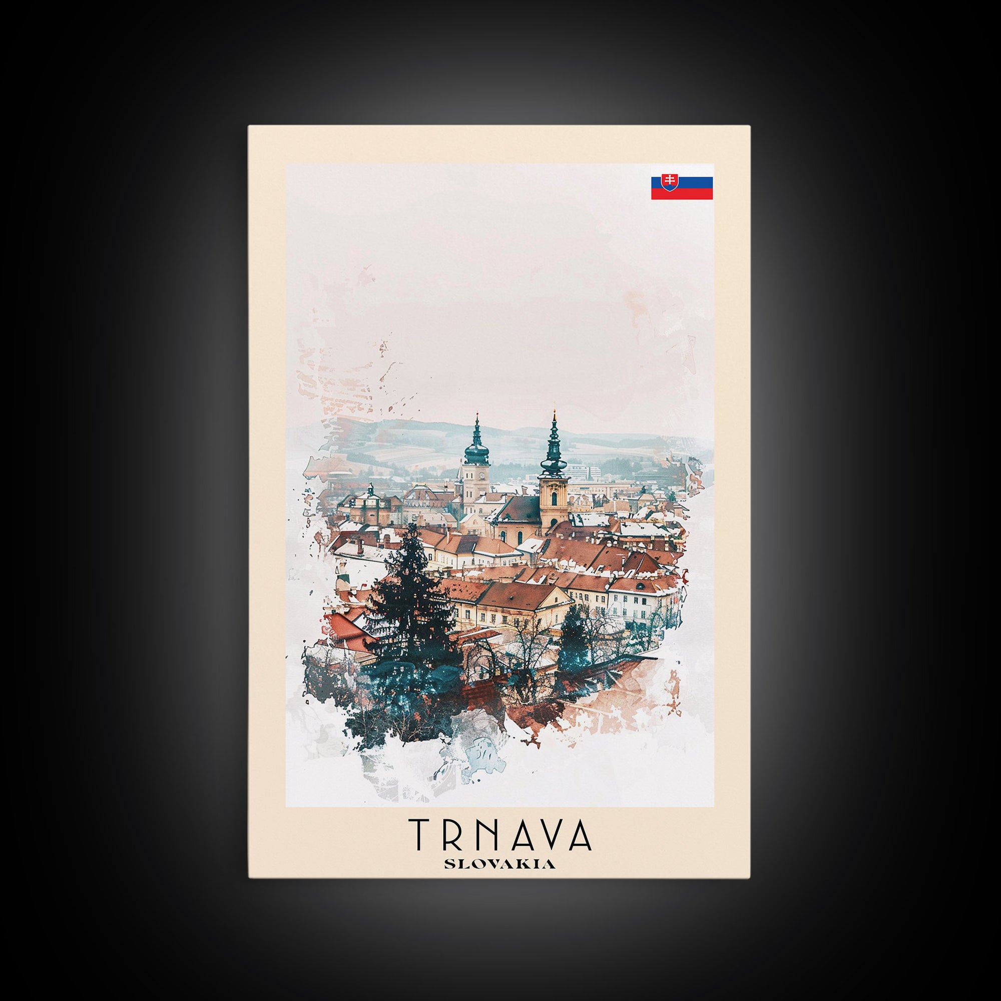 Trnava Slovakia Travel Poster Framed Canvas Print, Watercolor Painting, Scenic Wall Art, Home Decor, Slovakian Cityscape, Modern Decor