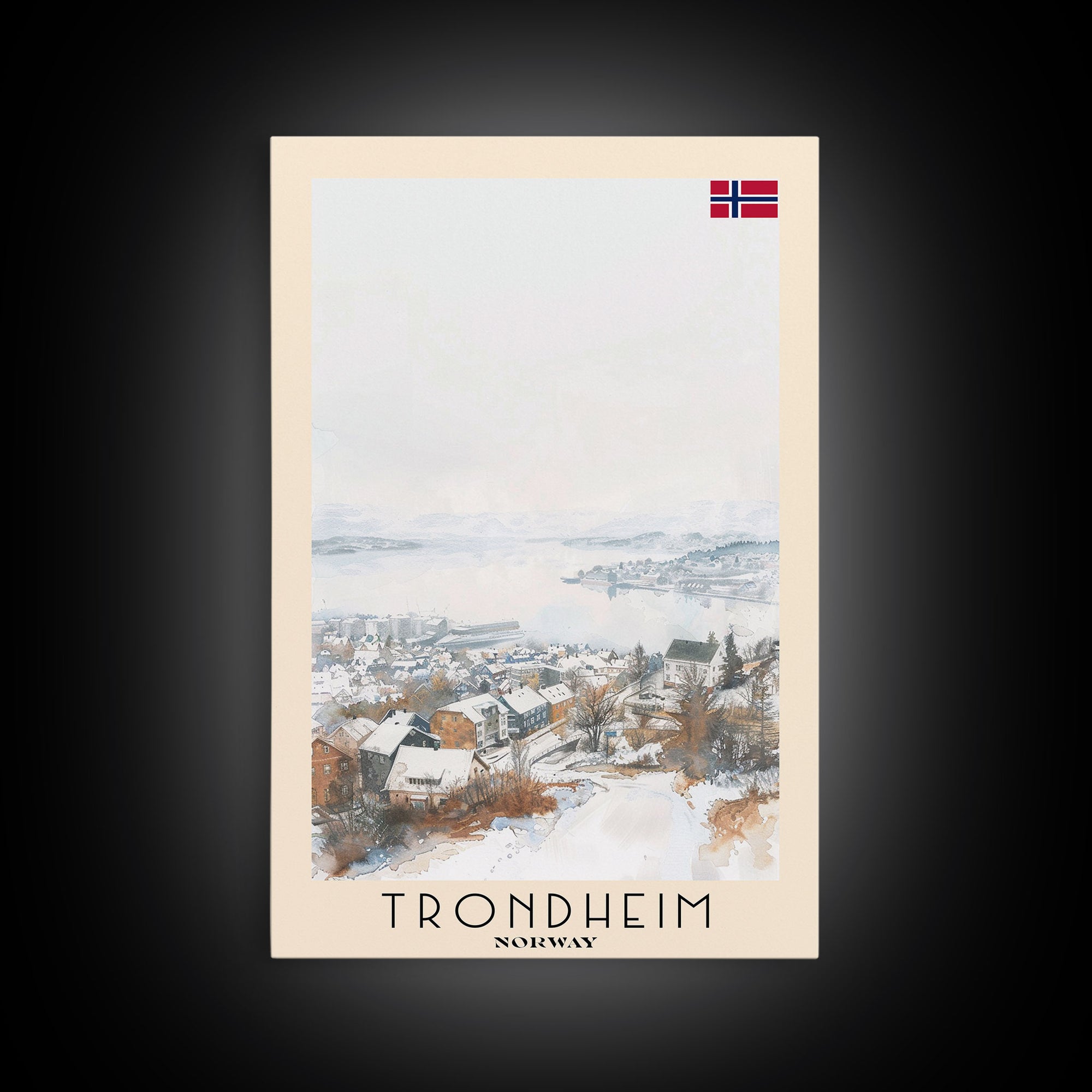 Trondheim Norway Travel Poster Framed Canvas Print, Watercolor Painting, Coastal Wall Art, Home Decor, Norwegian Seaside, Nordic Decor