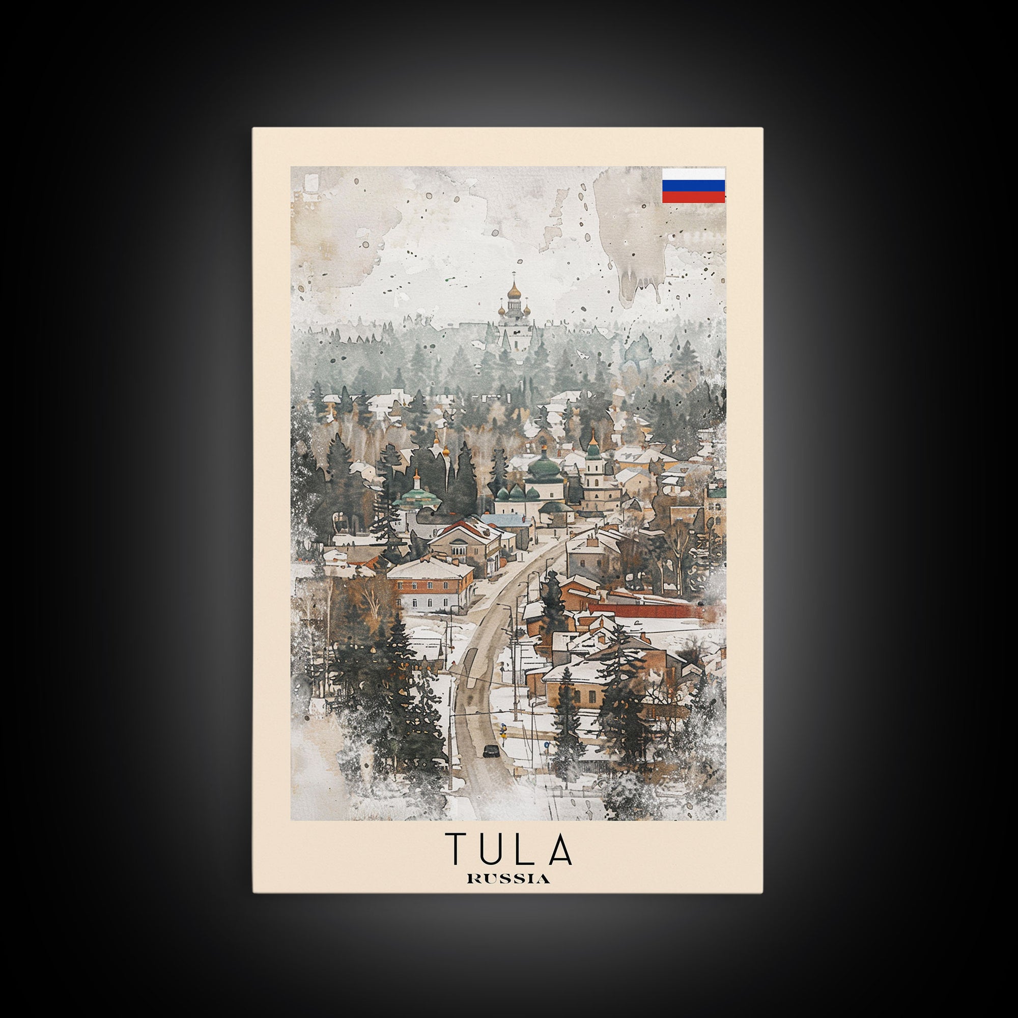 Tula Russia Travel Poster Framed Canvas Print, Watercolor Painting, Urban Wall Art, Home Decor, Russian Cityscape, Classic Art