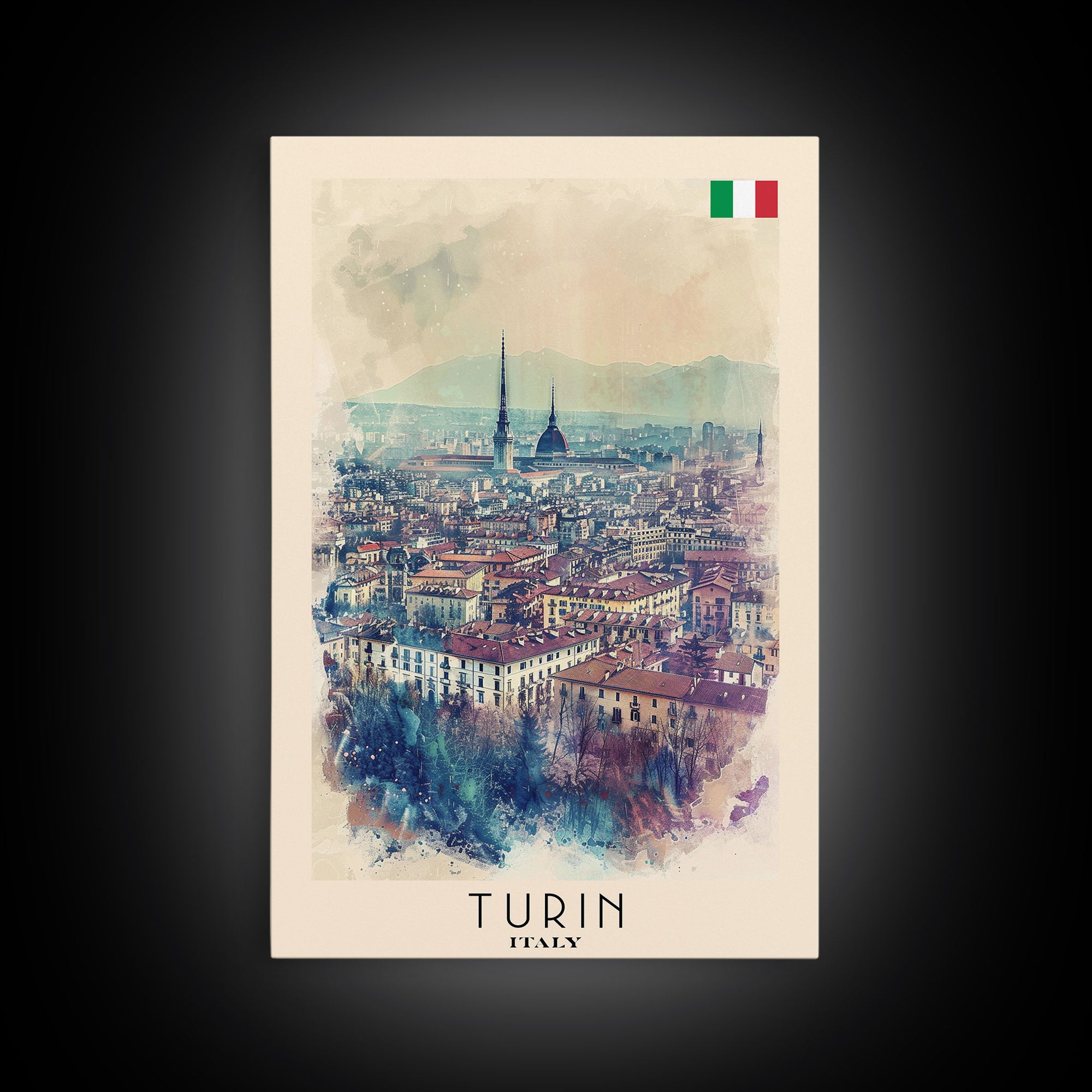 Turin Italy Travel Poster Framed Canvas Print, Watercolor Painting, Urban Wall Art, Home Decor, Italian Cityscape, Vintage Decor