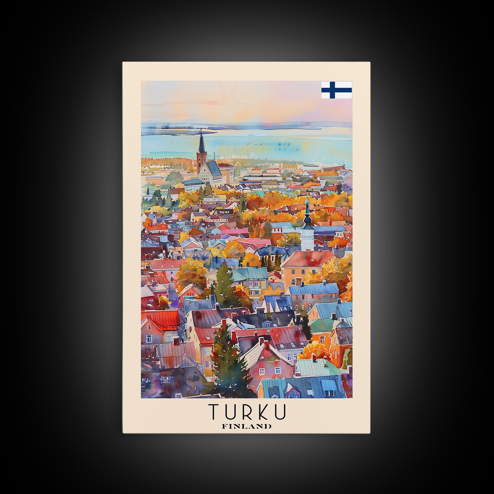 Turku Finland Travel Poster Framed Canvas Print, Watercolor Painting, Coastal Wall Art, Home Decor, Finnish Seaside, Contemporary Decor