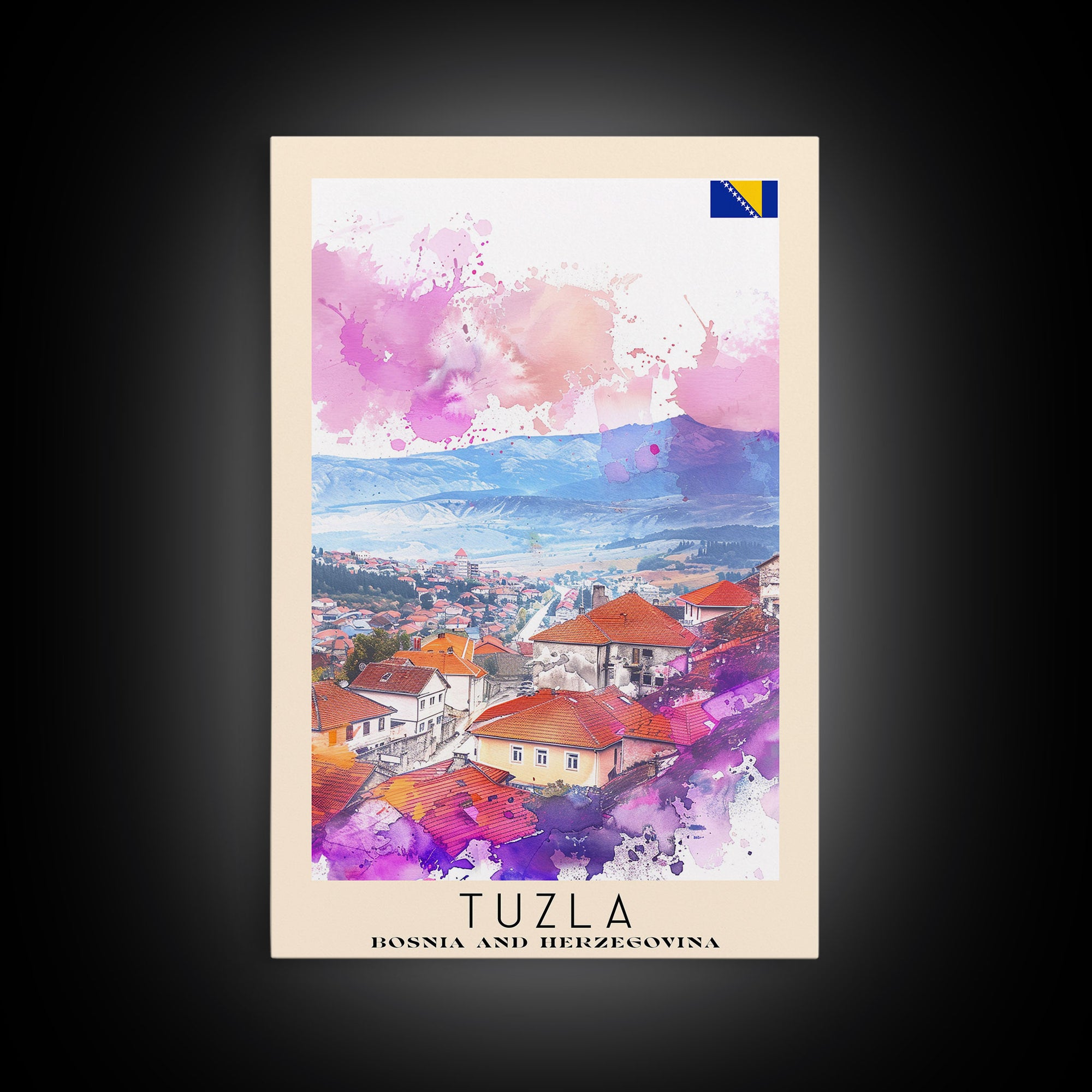 Tuzla Bosnia Travel Poster Framed Canvas Print, Watercolor Painting, Scenic Wall Art, Home Decor, Bosnian Landscape, Unique Art