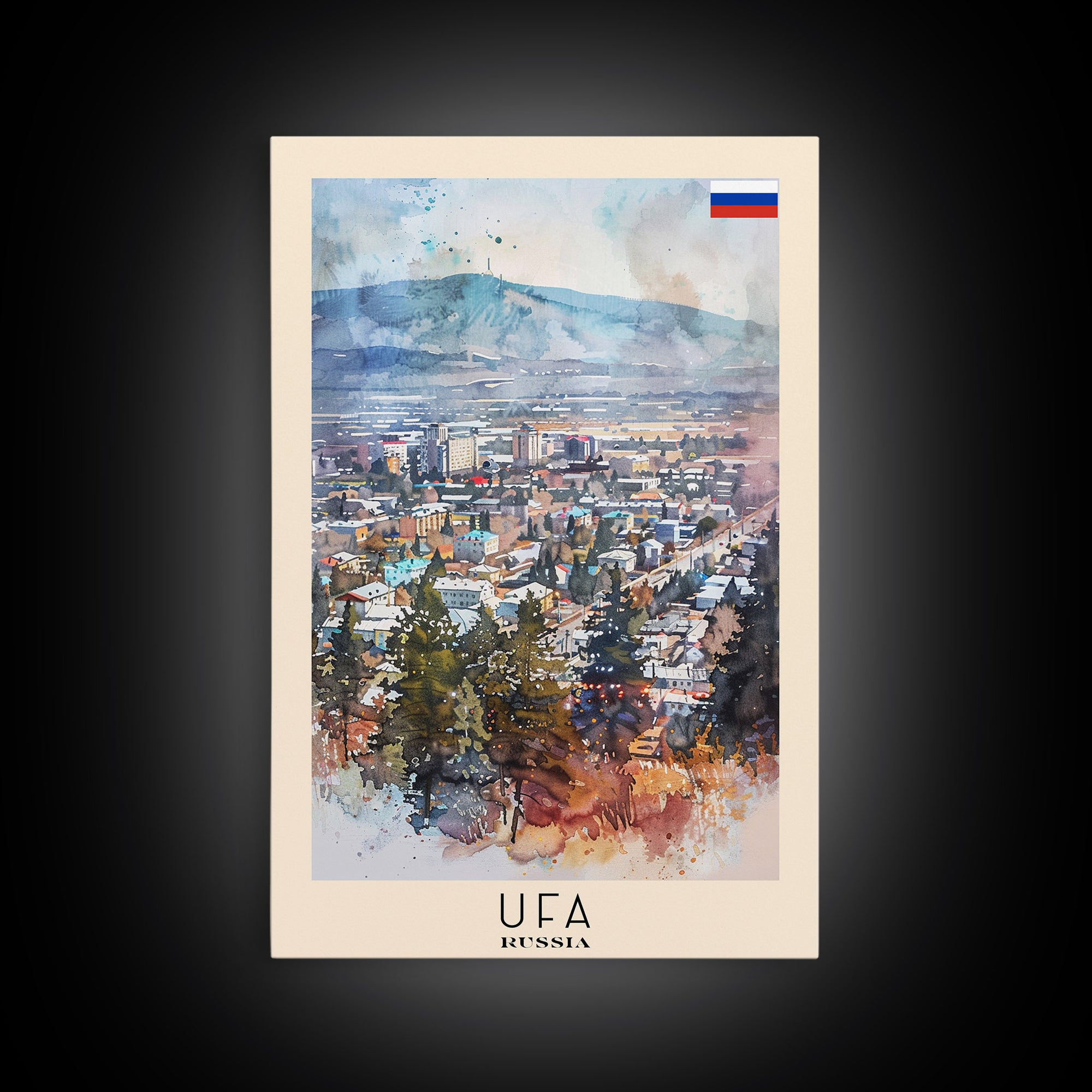 Ufa Russia Travel Poster Framed Canvas Print, Watercolor Painting, Scenic Wall Art, Home Decor, Russian Landscape, Vibrant Decor