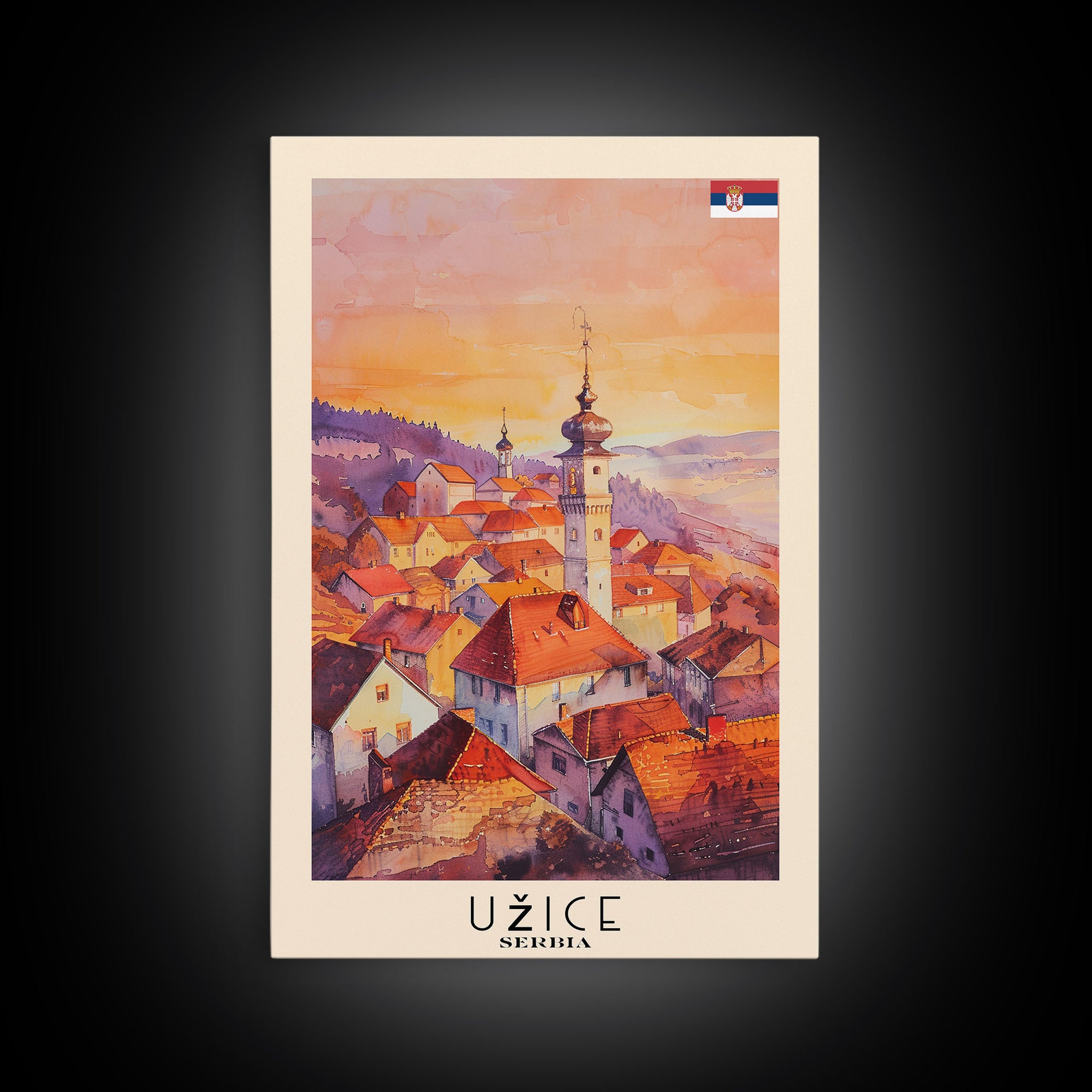 Uice Serbia Travel Poster Framed Canvas Print, Watercolor Painting, Scenic Wall Art, Home Decor, Serbian Landscape, Heritage Art