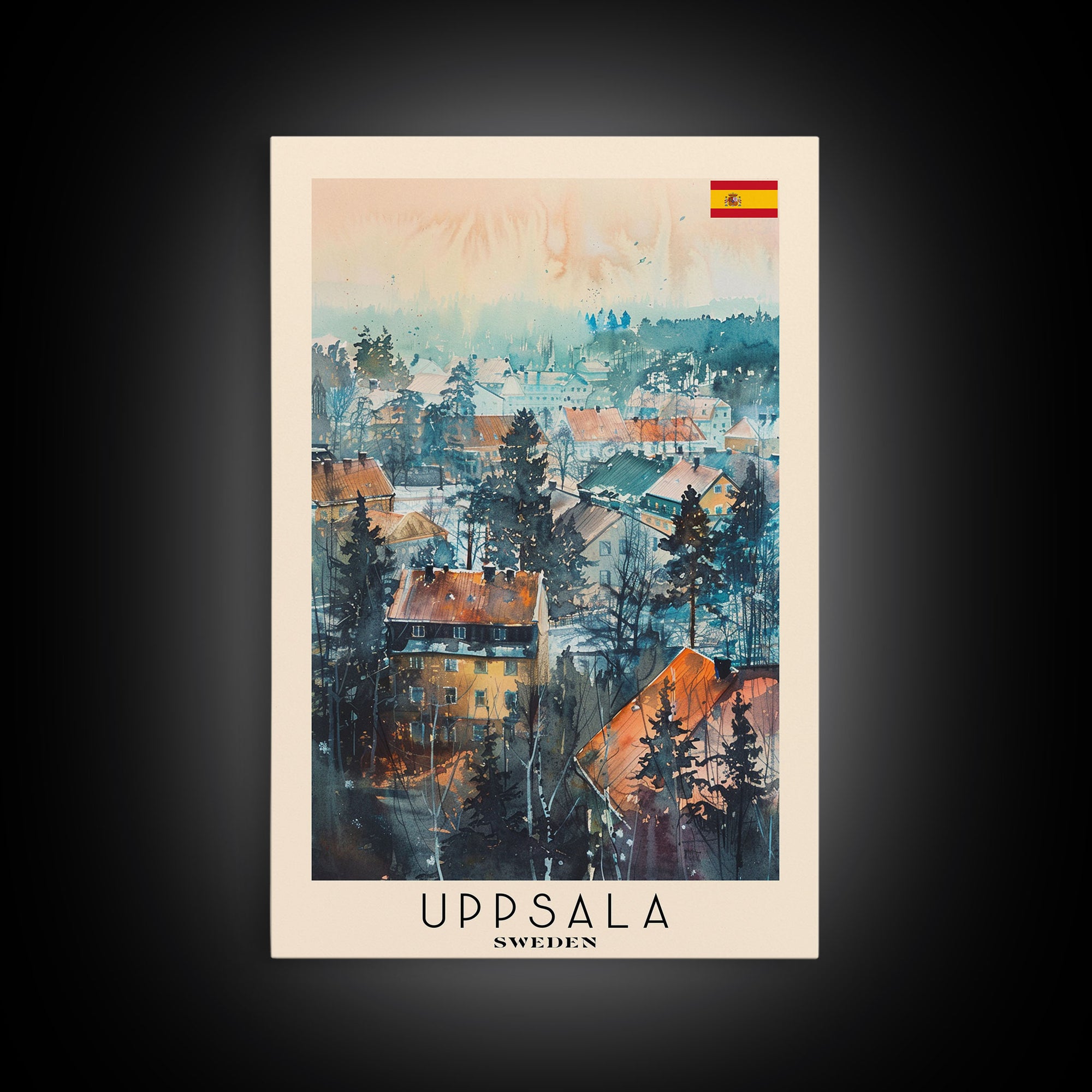 Uppsala Sweden Travel Poster Framed Canvas Print, Watercolor Painting, Urban Wall Art, Home Decor, Swedish Cityscape, Classic Decor