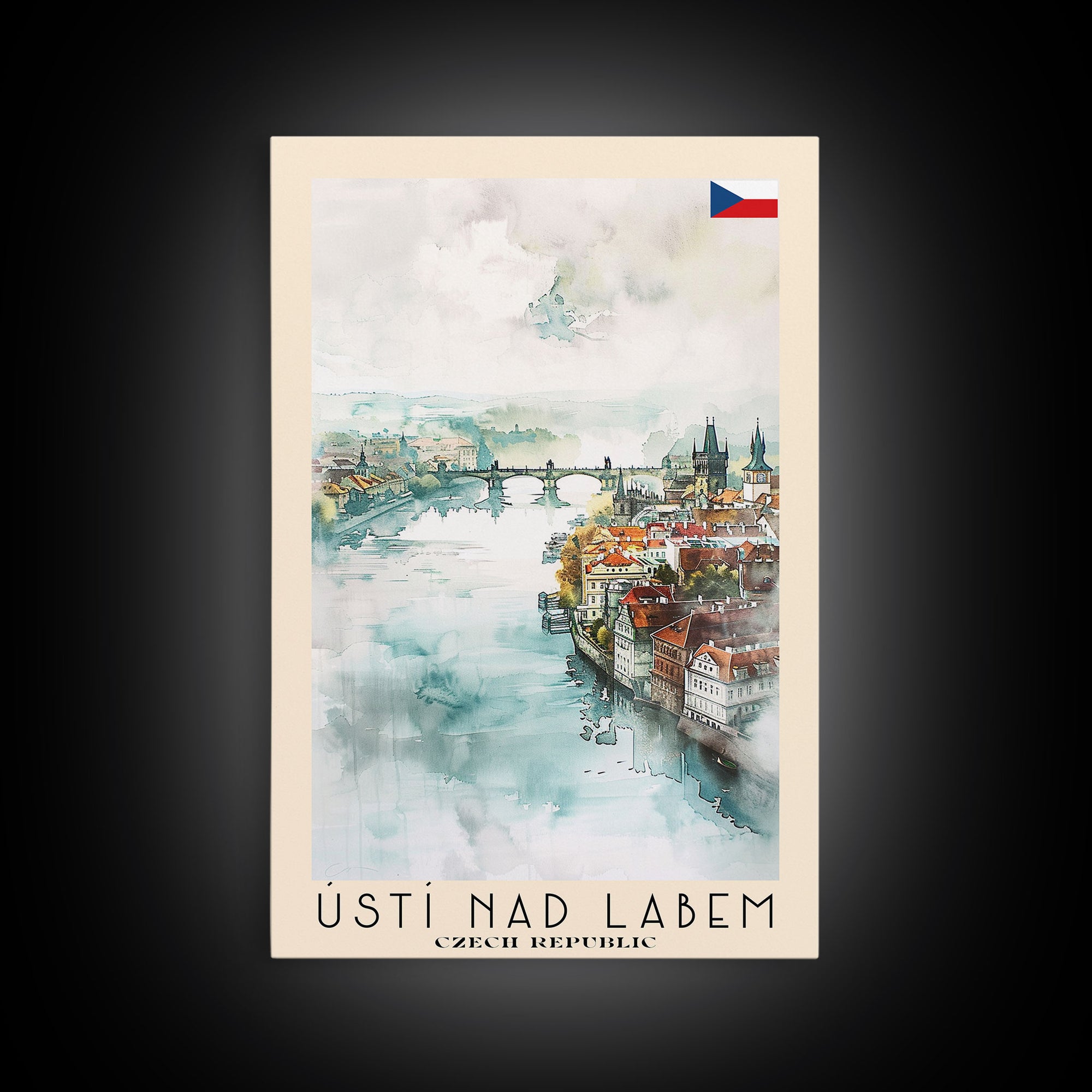 Usti Nad Labem Czech Travel Poster Framed Canvas Print, Watercolor Painting, Scenic Wall Art, Home Decor, Czech Landscape, Bohemian Art