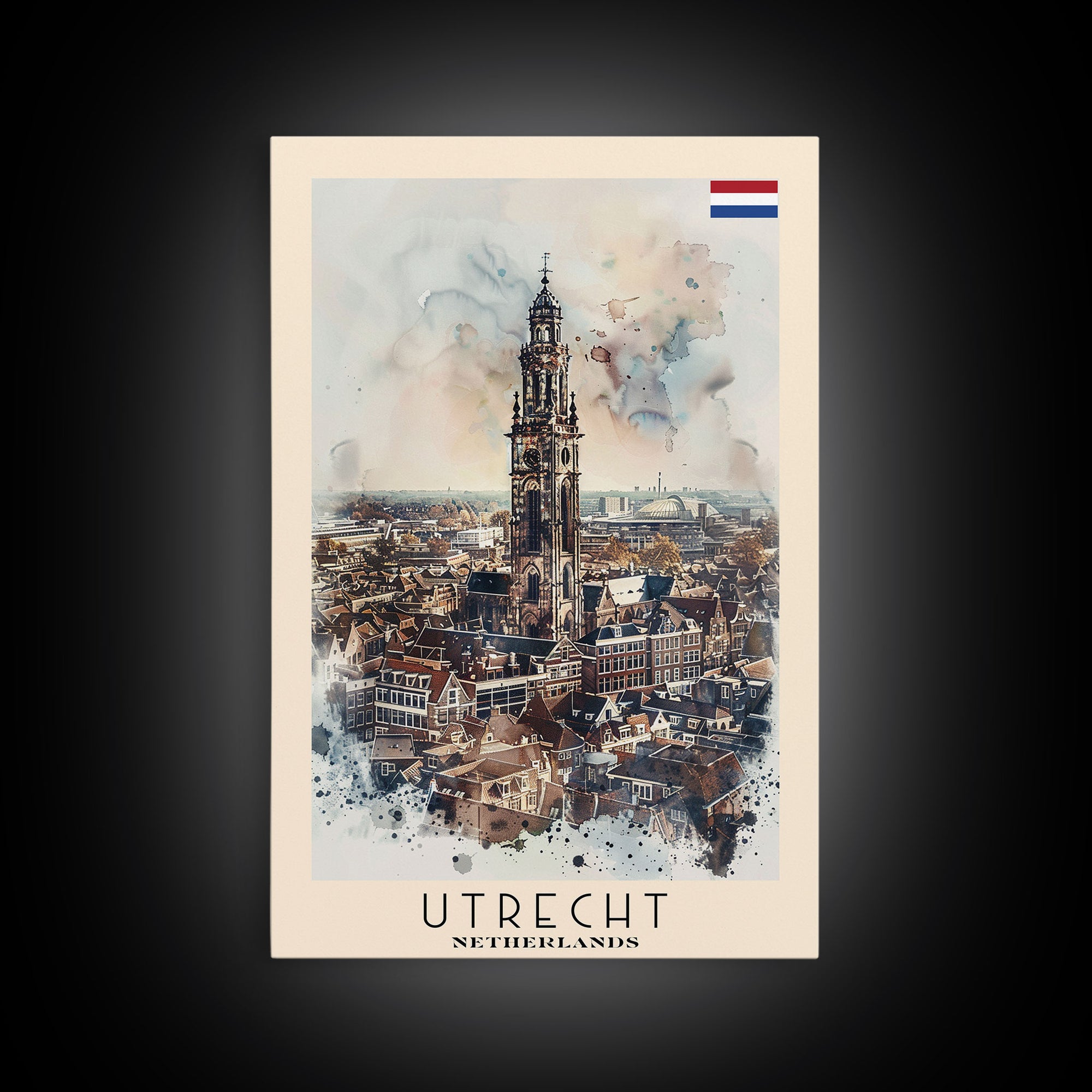 Utrecht Netherlands Travel Poster Framed Canvas Print, Watercolor Painting, Urban Wall Art, Home Decor, Dutch Cityscape, Trendy Art