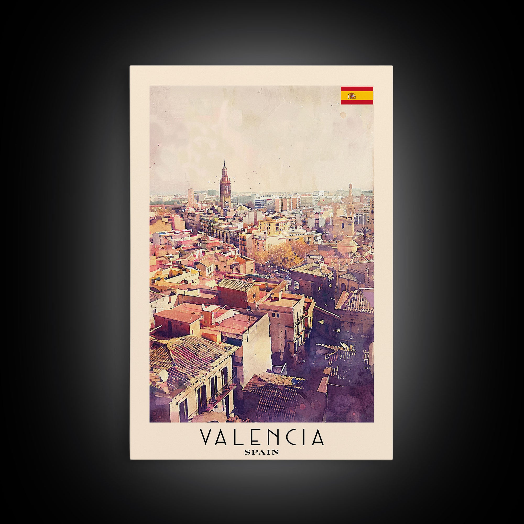 Valencia Spain Travel Poster Framed Canvas Print, Watercolor Painting, Coastal Wall Art, Home Decor, Spanish Seaside, Mediterranean Decor