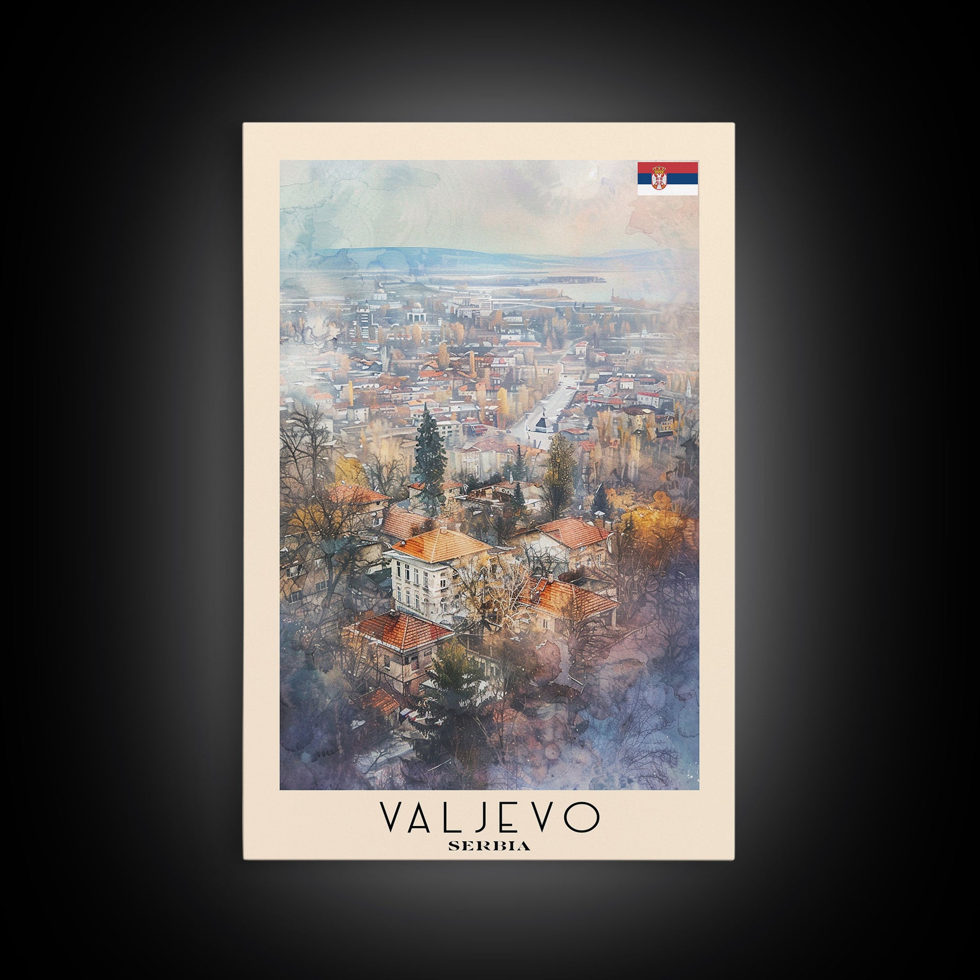 Valjevo Serbia Travel Poster Framed Canvas Print, Watercolor Painting, Scenic Wall Art, Home Decor, Serbian Landscape, Unique Art