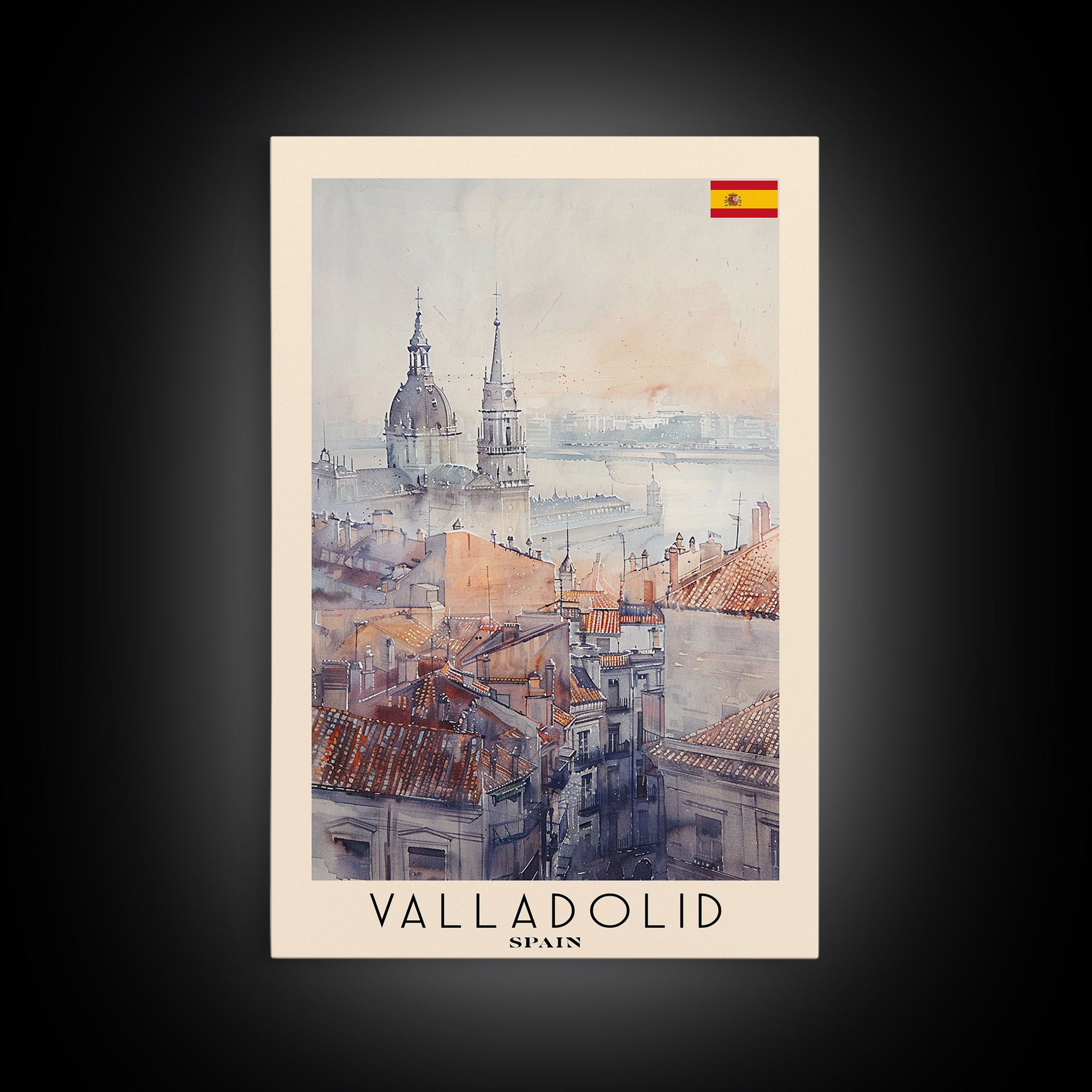 Valladolid Spain Travel Poster Framed Canvas Print, Watercolor Painting, Scenic Wall Art, Home Decor, Spanish Cityscape, Heritage Decor