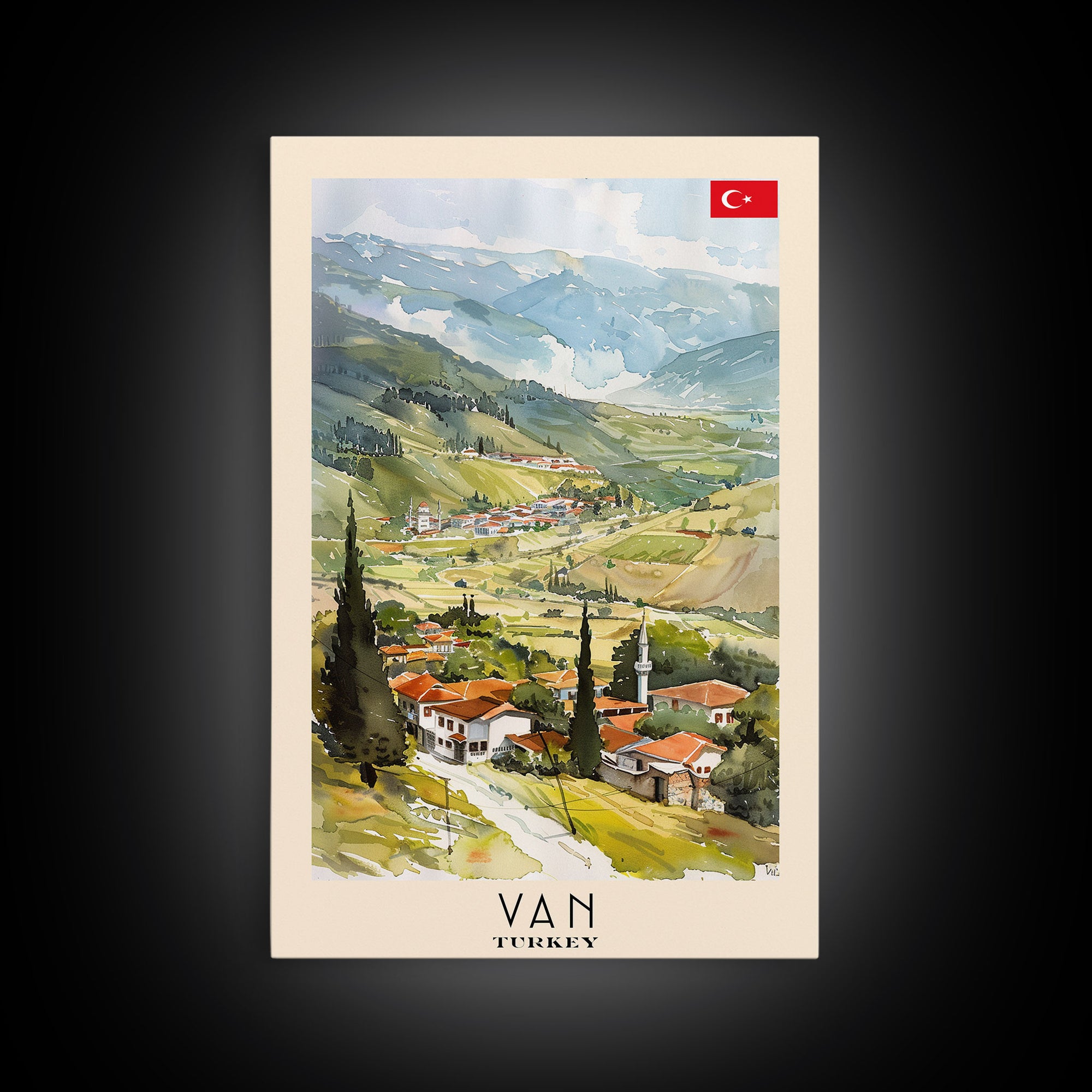 Van Turkey Travel Poster Framed Canvas Print, Watercolor Painting, Scenic Wall Art, Home Decor, Turkish Landscape, Exotic Art