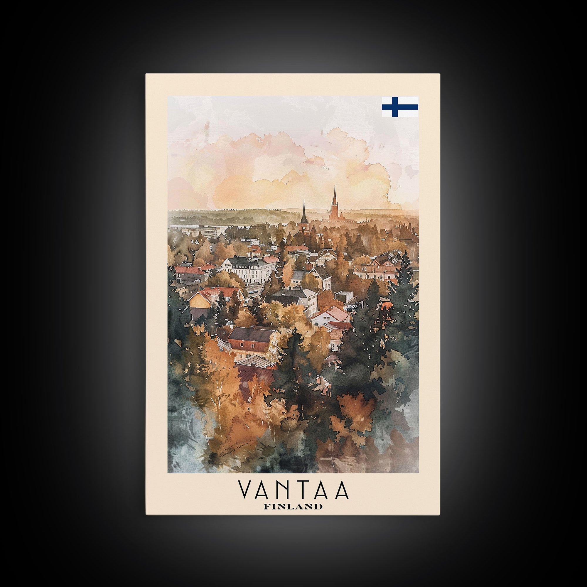 Vantaa Finland Travel Poster Framed Canvas Print, Watercolor Painting, Urban Wall Art, Home Decor, Finnish Cityscape, Modern Art