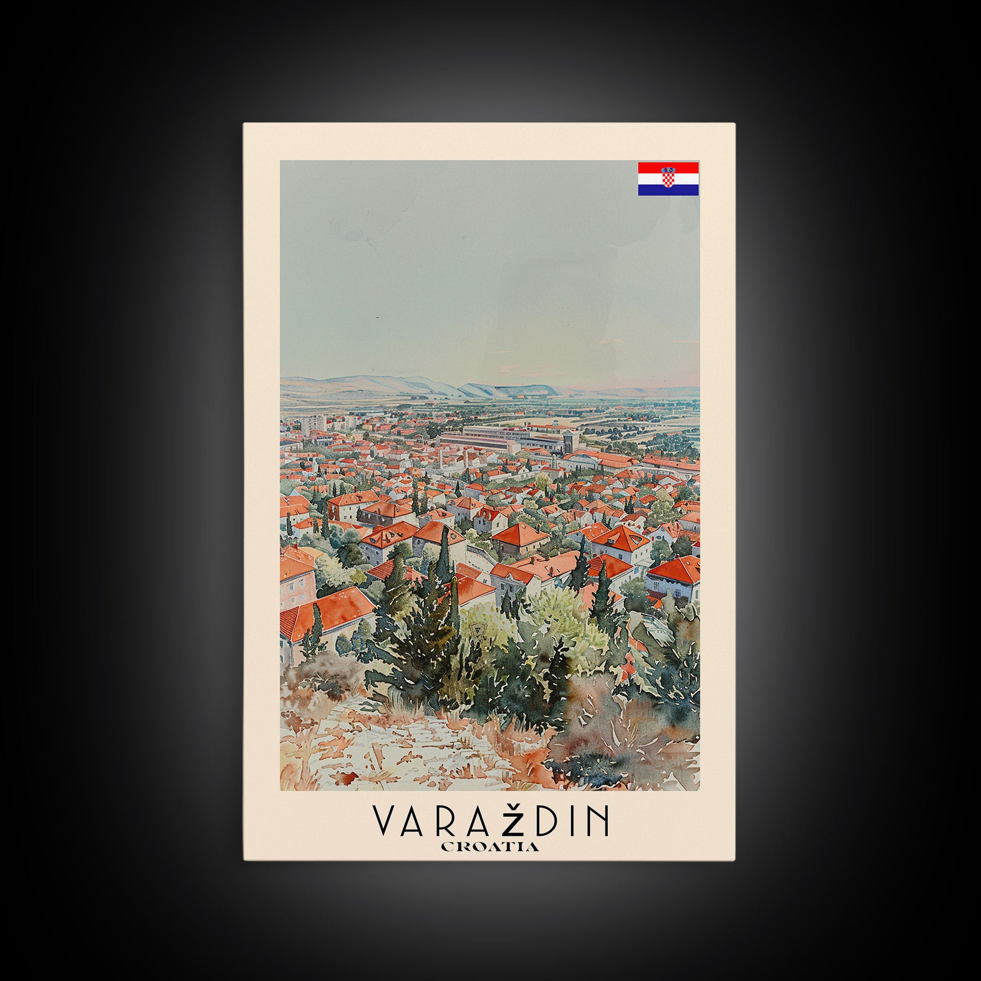 Varadin Croatia Travel Poster Framed Canvas Print, Watercolor Painting, Scenic Wall Art, Home Decor, Croatian Landscape, Rustic Decor