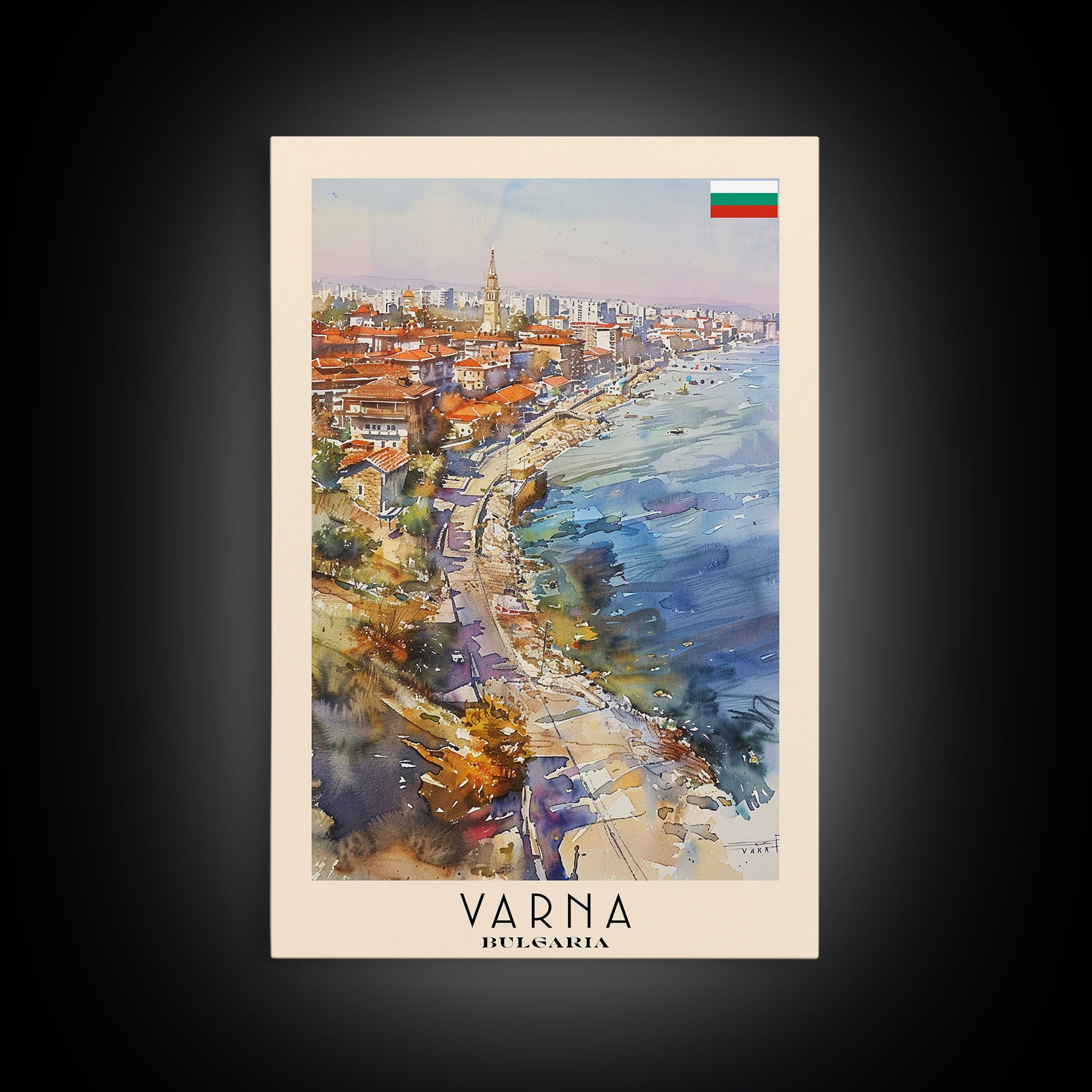 Varna Bulgaria Travel Poster Framed Canvas Print, Watercolor Painting, Coastal Wall Art, Home Decor, Bulgarian Seaside, Nautical Art