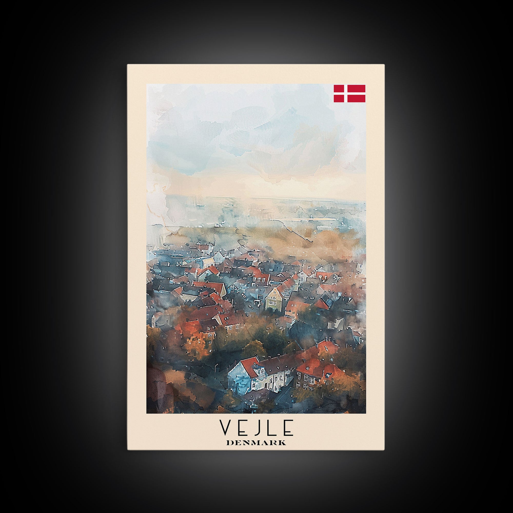 Vejle Denmark Travel Poster Framed Canvas Print, Watercolor Painting, Scenic Wall Art, Home Decor, Danish Landscape, Nordic Decor