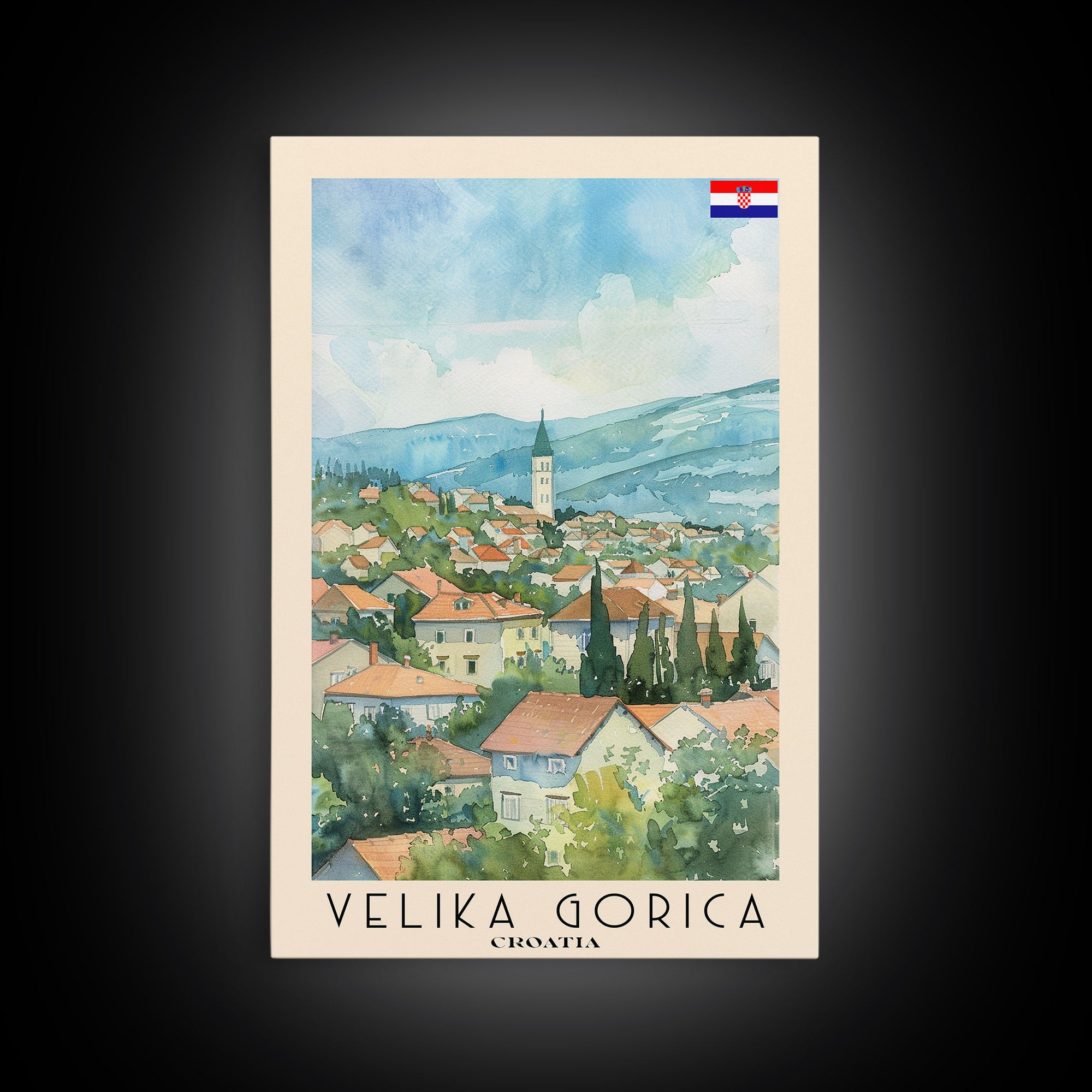 Velika Gorica Croatia Travel Poster Framed Canvas Print, Watercolor Painting, Urban Wall Art, Home Decor, Croatian Cityscape, Vibrant Art