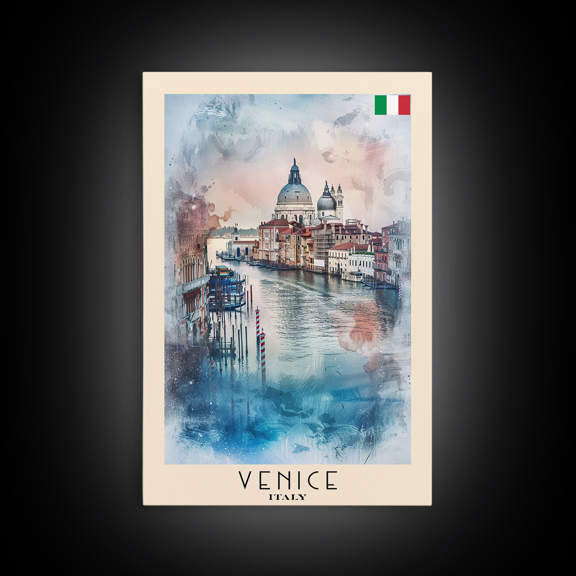 Venice Italy Travel Poster Framed Canvas Print, Watercolor Painting, Scenic Wall Art, Home Decor, Italian Canals, Romantic Decor