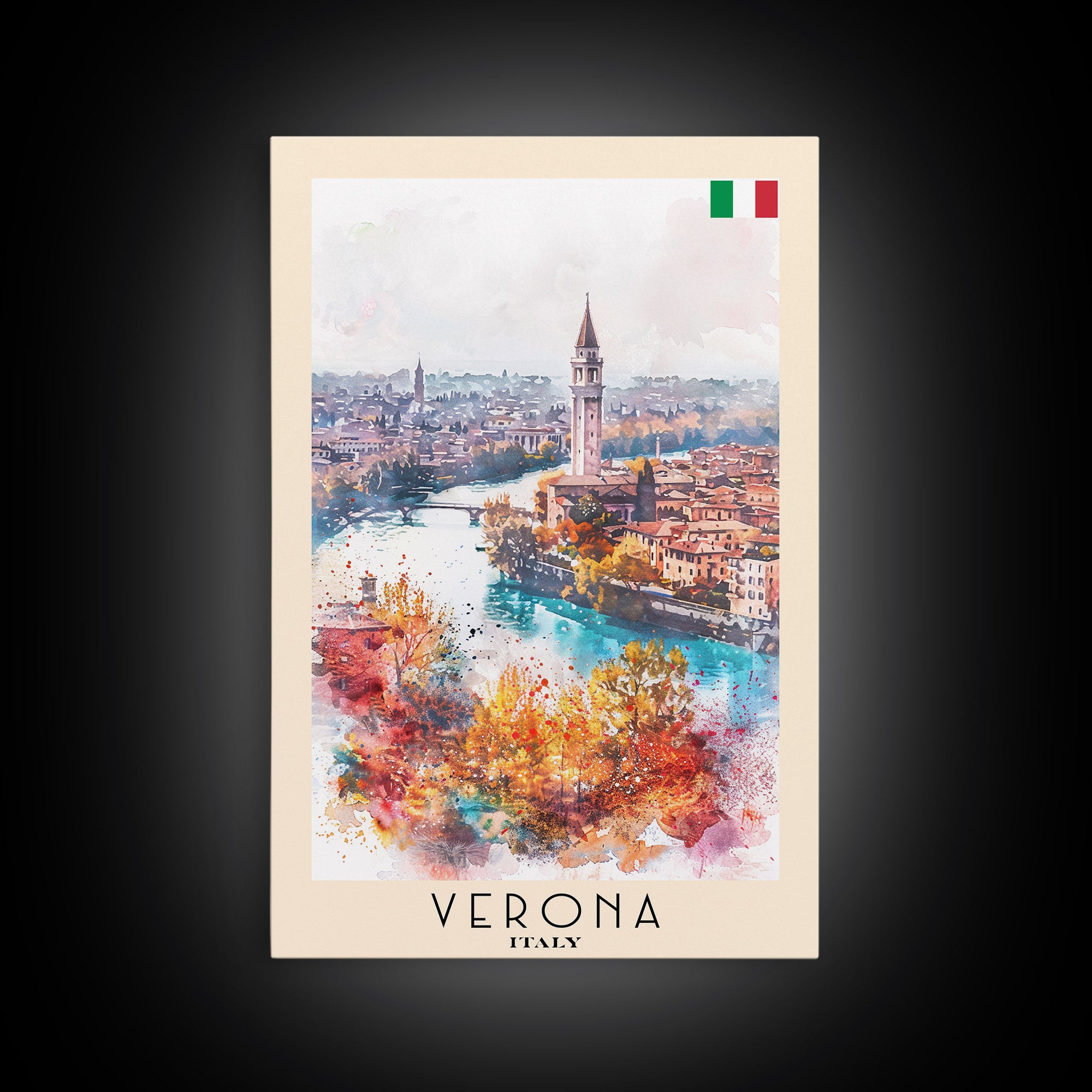 Verona Italy Travel Poster Framed Canvas Print, Watercolor Painting, Historic Wall Art, Home Decor, Italian Cityscape, Shakespearean Decor