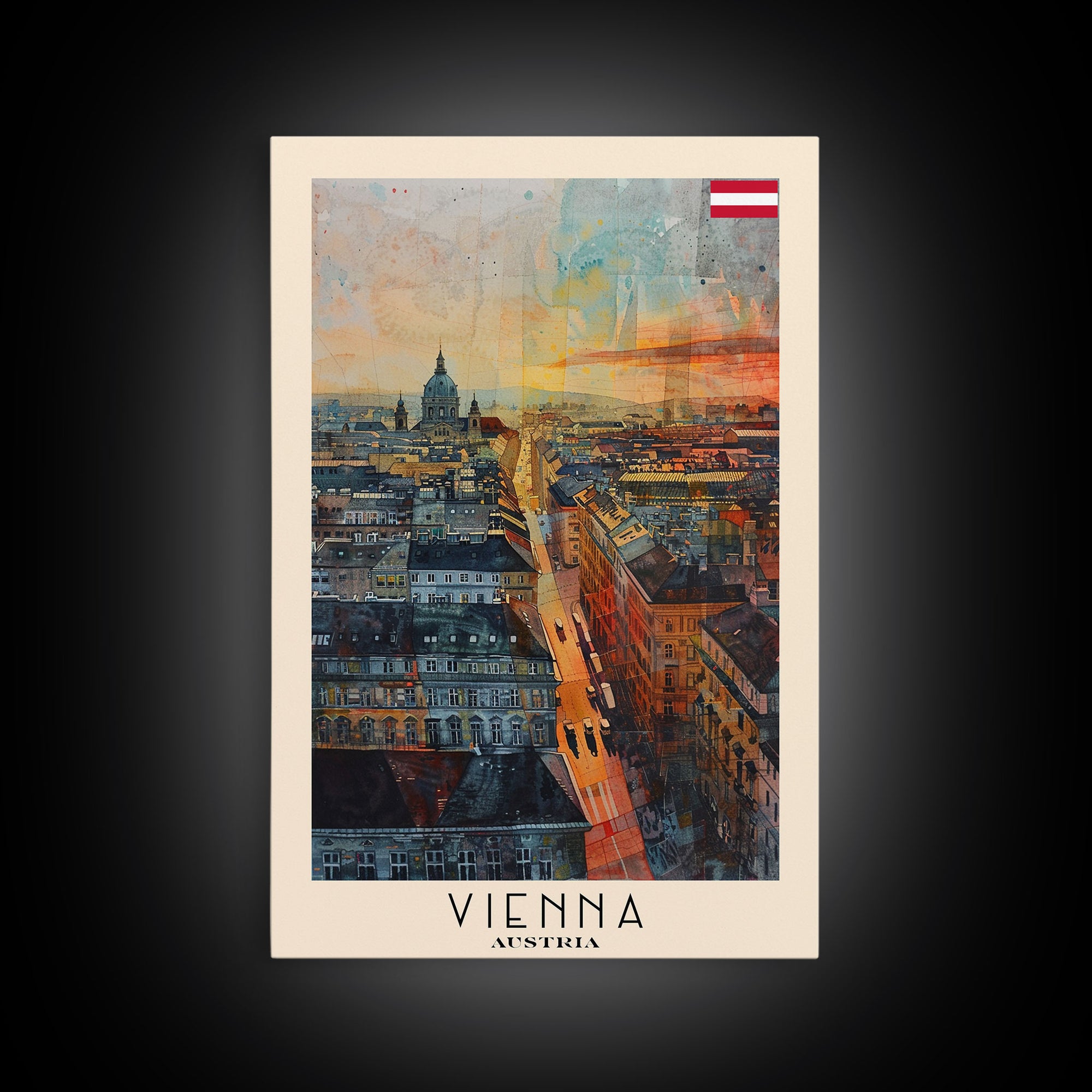 Vienna Austria Travel Poster Framed Canvas Print, Watercolor Painting, Historic Wall Art, Home Decor, Austrian Cityscape, Elegant Decor