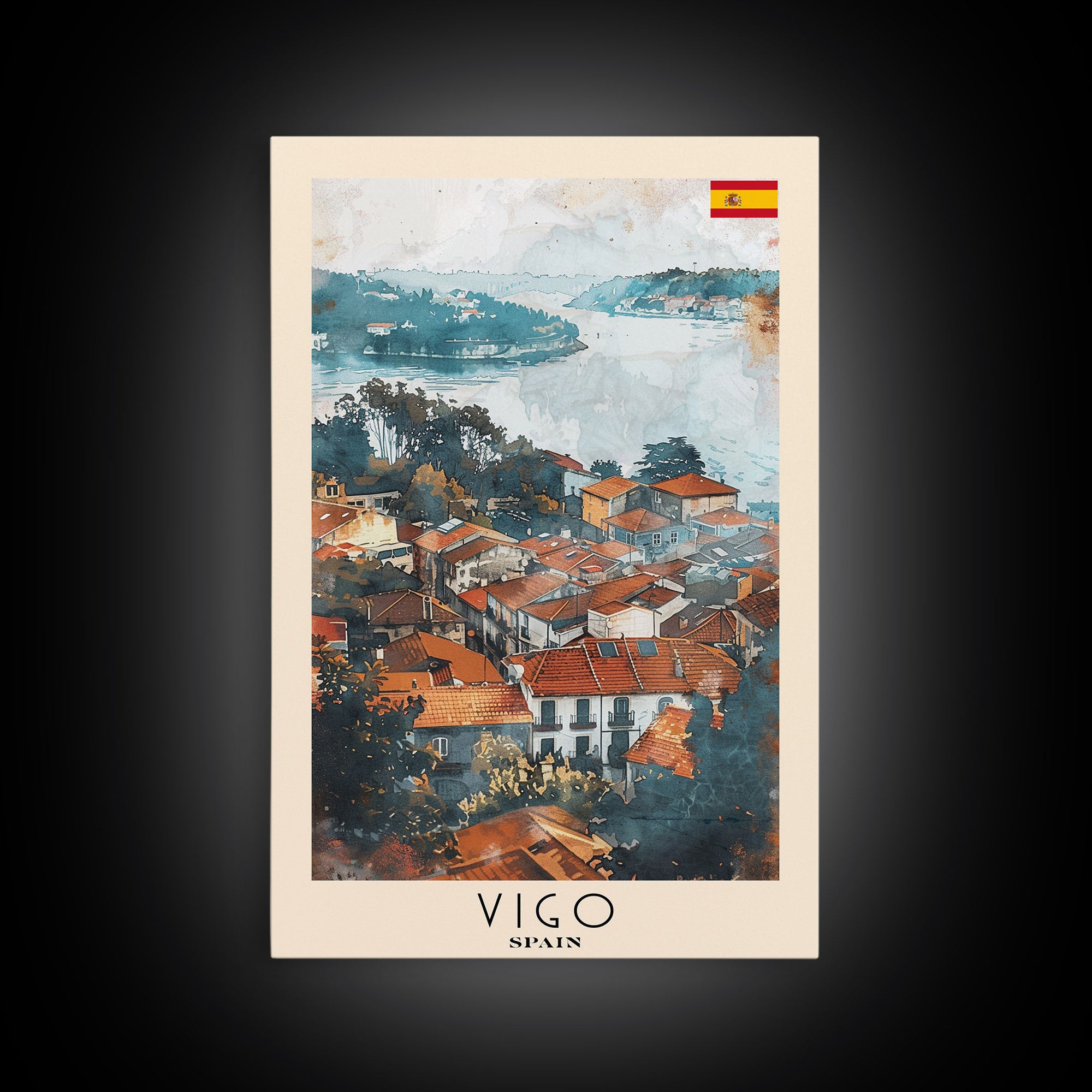 Vigo Spain Travel Poster Framed Canvas Print, Watercolor Painting, Coastal Wall Art, Home Decor, Spanish Seaside, Mediterranean Art