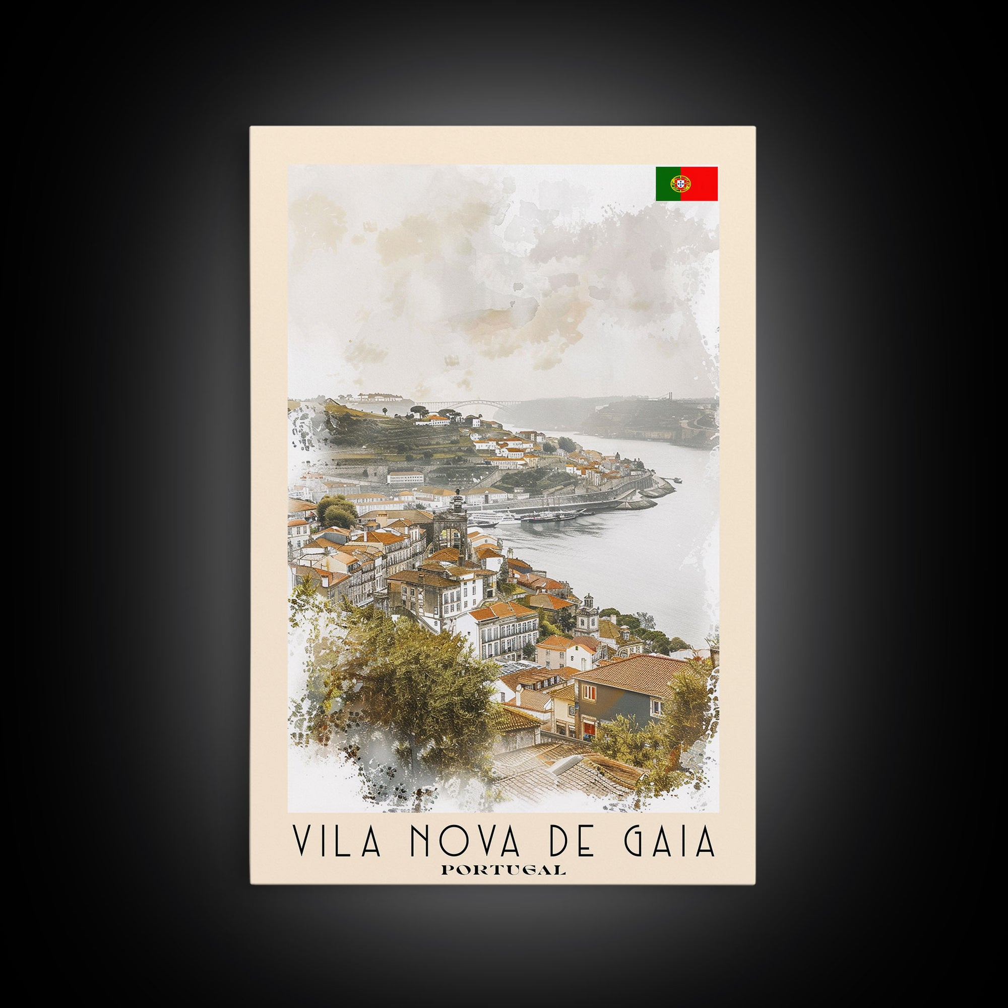 Vila Nova de Gaia Portugal Travel Poster Framed Canvas Print, Watercolor Painting, Scenic Wall Art, Home Decor, Portuguese Landscape, Vintage Art