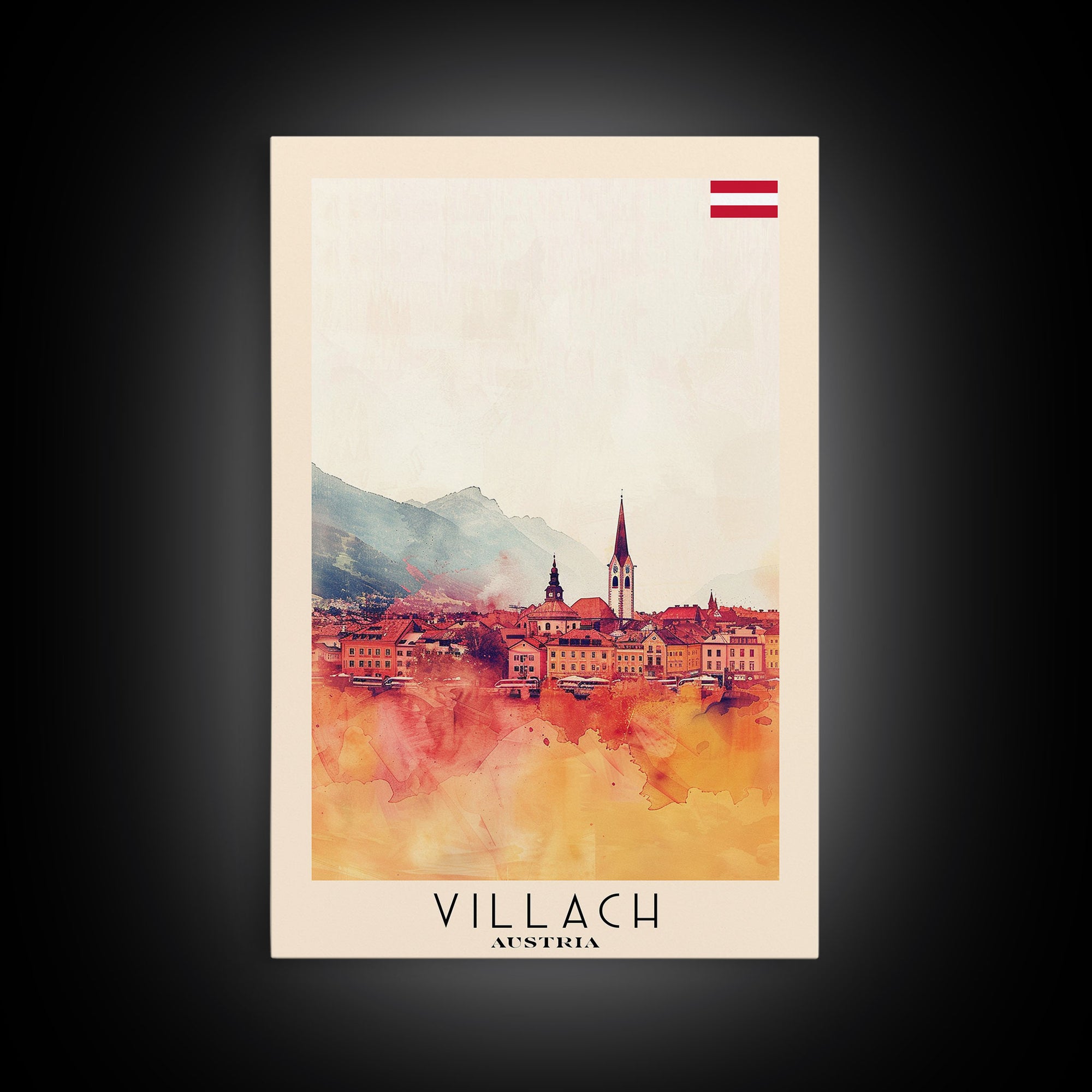 Villach Austria Travel Poster Framed Canvas Print, Watercolor Painting, Scenic Wall Art, Home Decor, Austrian Landscape, Alpine Art