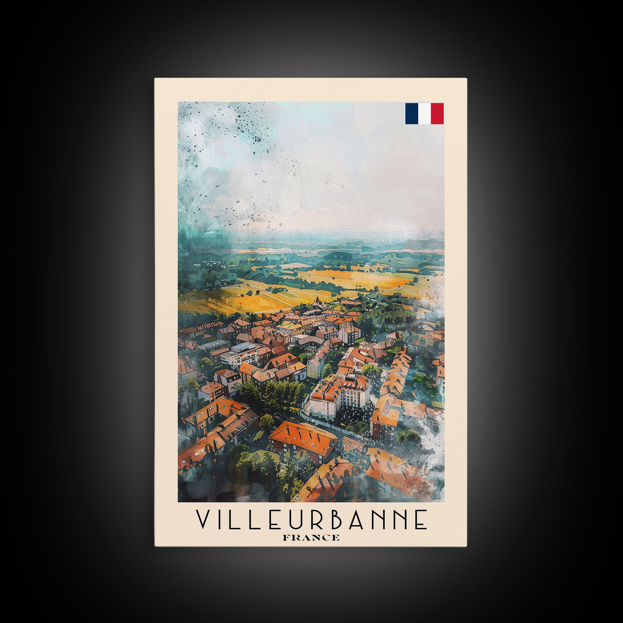 Villeurbanne France Travel Poster Framed Canvas Print, Watercolor Painting, Urban Wall Art, Home Decor, French Cityscape, Contemporary Decor