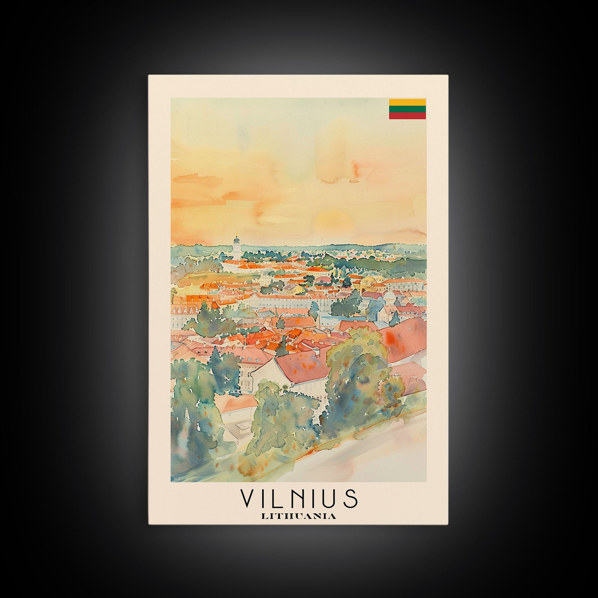 Vilnius Lithuania Travel Poster Framed Canvas Print, Watercolor Painting, Historic Wall Art, Home Decor, Lithuanian Architecture, Heritage Art