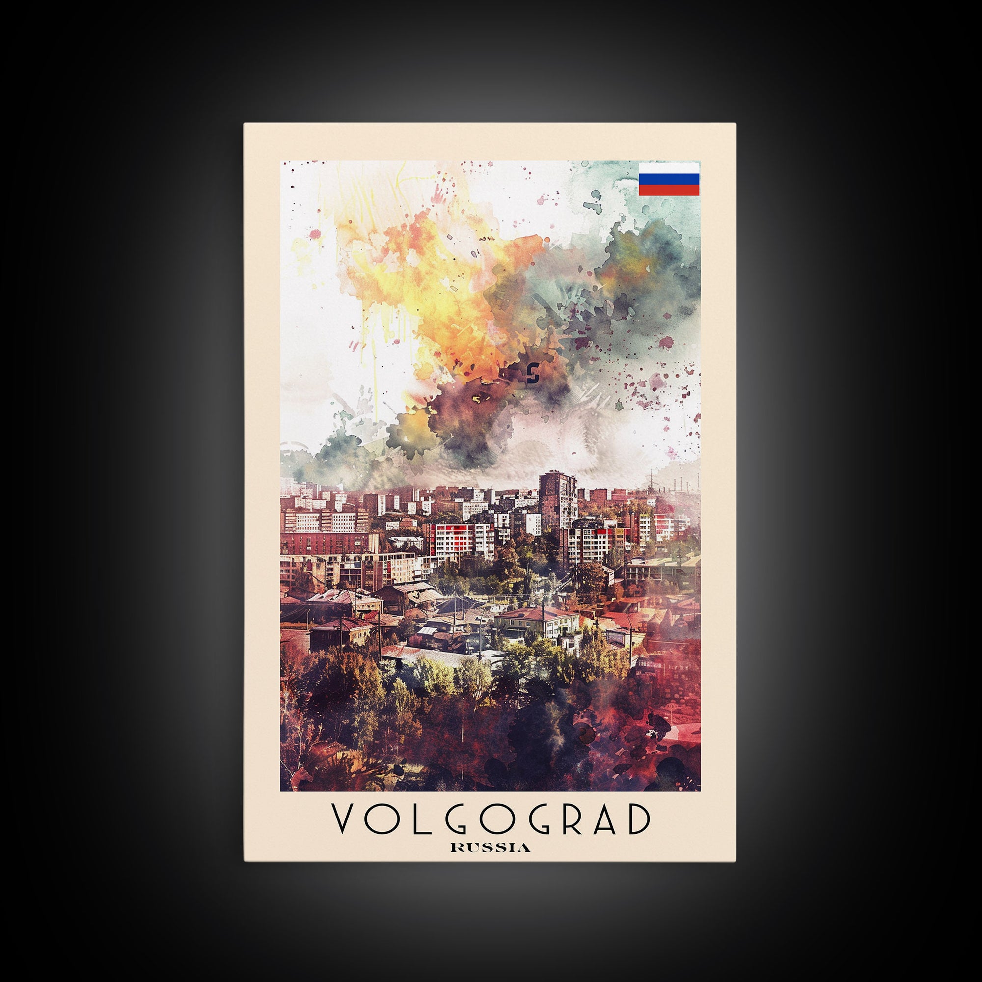 Volgograd Russia Travel Poster Framed Canvas Print, Watercolor Painting, Urban Wall Art, Home Decor, Russian Cityscape, Heritage Art