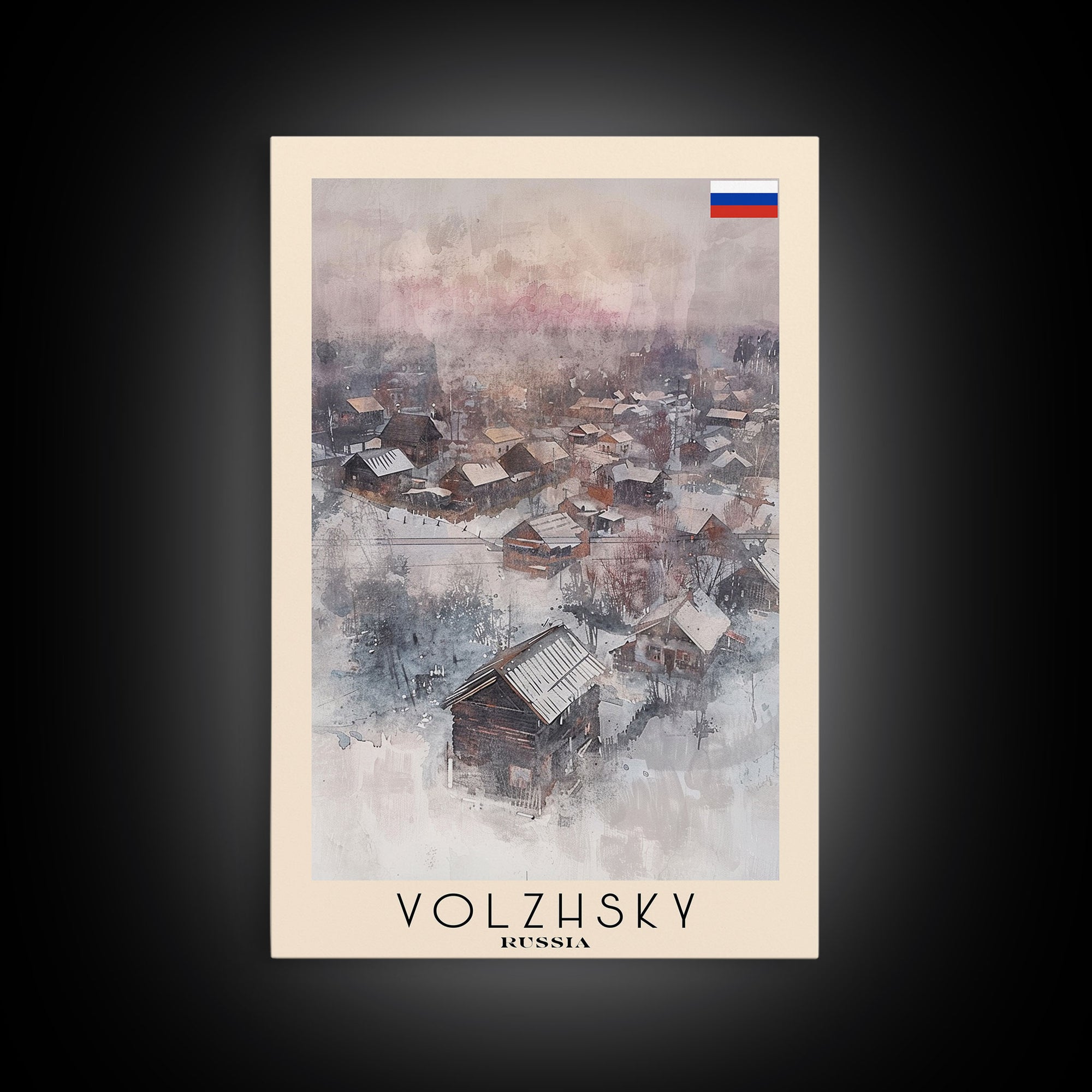 Volzhsky Russia Travel Poster Framed Canvas Print, Watercolor Painting, Urban Wall Art, Home Decor, Russian Cityscape, Classic Decor