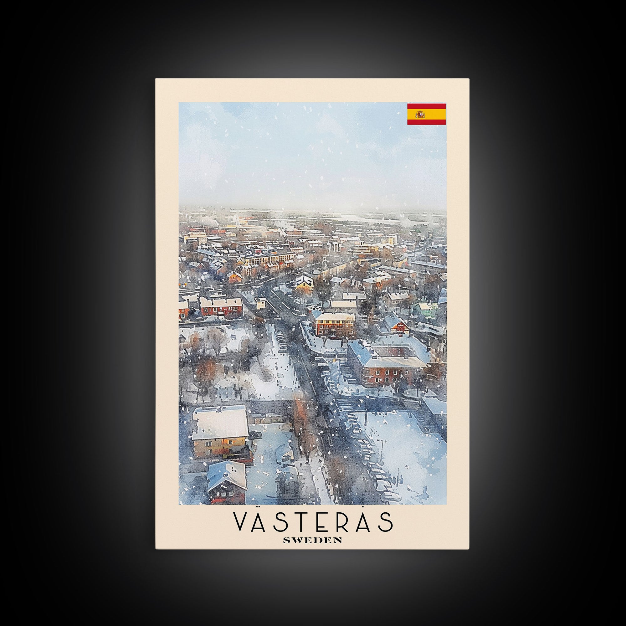 Vsters Sweden Travel Poster Framed Canvas Print, Watercolor Painting, Urban Wall Art, Home Decor, Swedish Cityscape, Modern Art