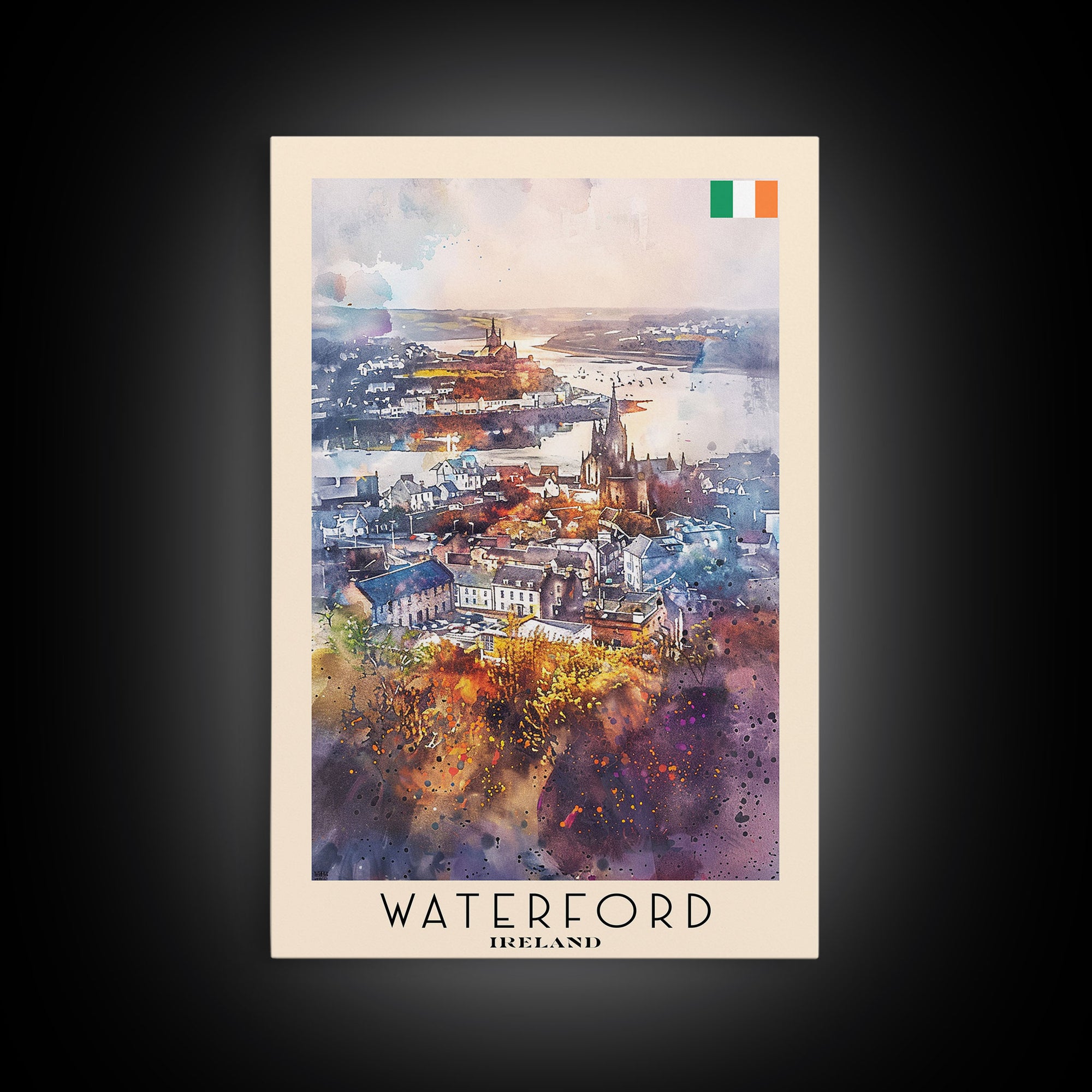 Waterford Ireland Travel Poster Framed Canvas Print, Watercolor Painting, Scenic Wall Art, Home Decor, Irish Landscape, Perfect Gift