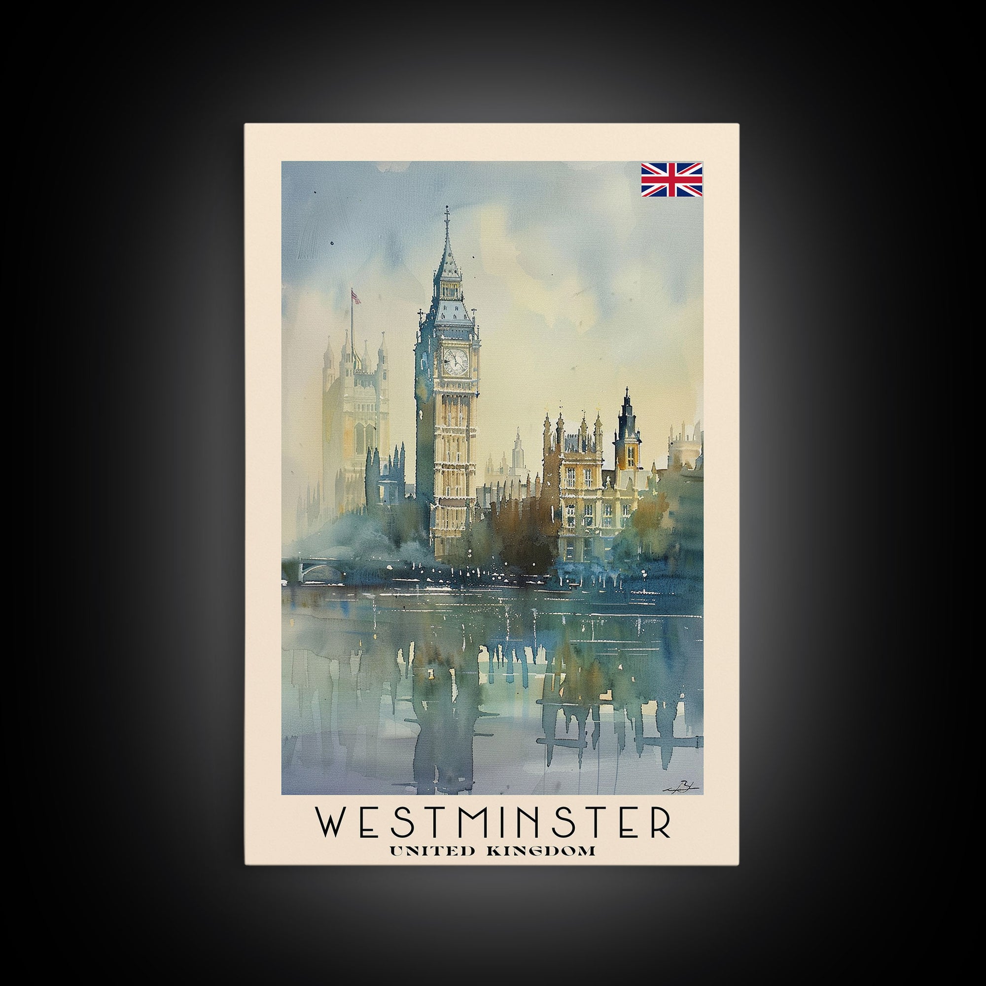 Westminster United Kingdom Travel Poster Framed Canvas Print, Watercolor Painting, Urban Wall Art, Home Decor, British Cityscape, Gift for Travelers