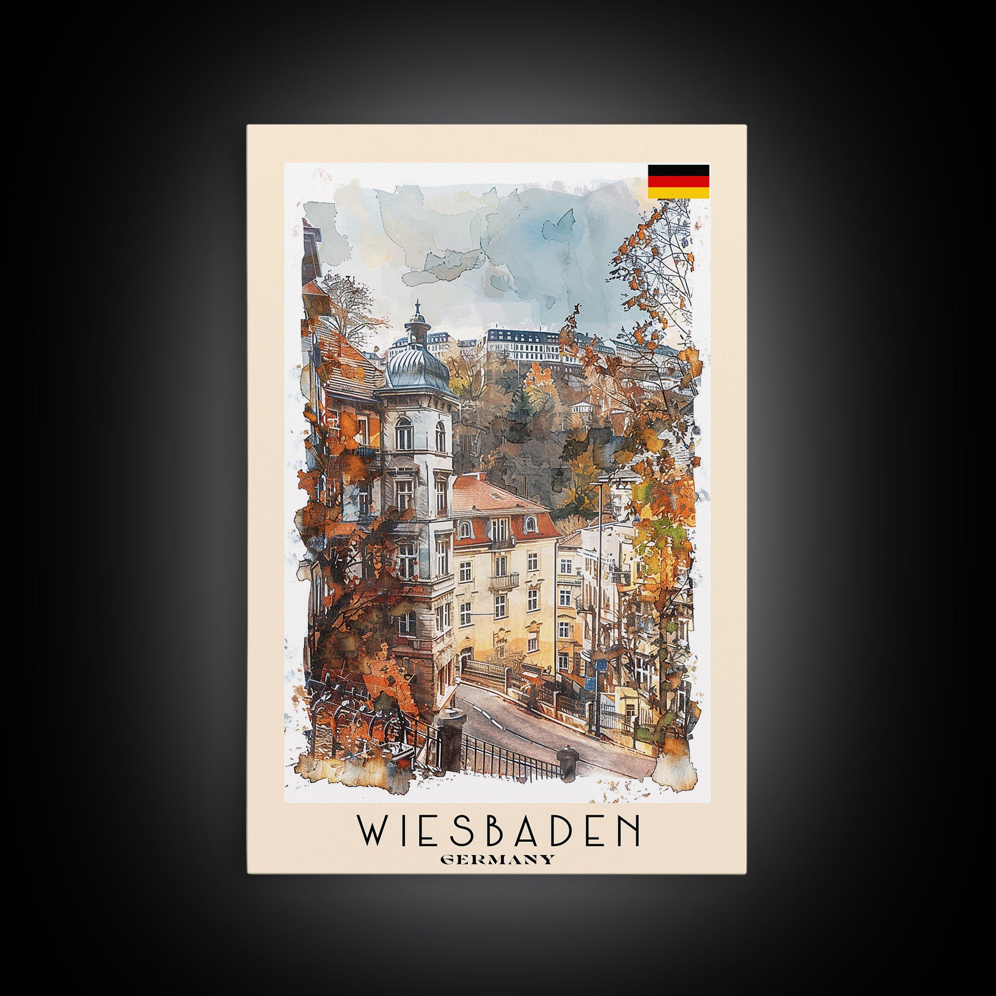 Wiesbaden Germany Travel Poster Framed Canvas Print, Watercolor Painting, Scenic Wall Art, Home Decor, German Cityscape, Artistic Gift