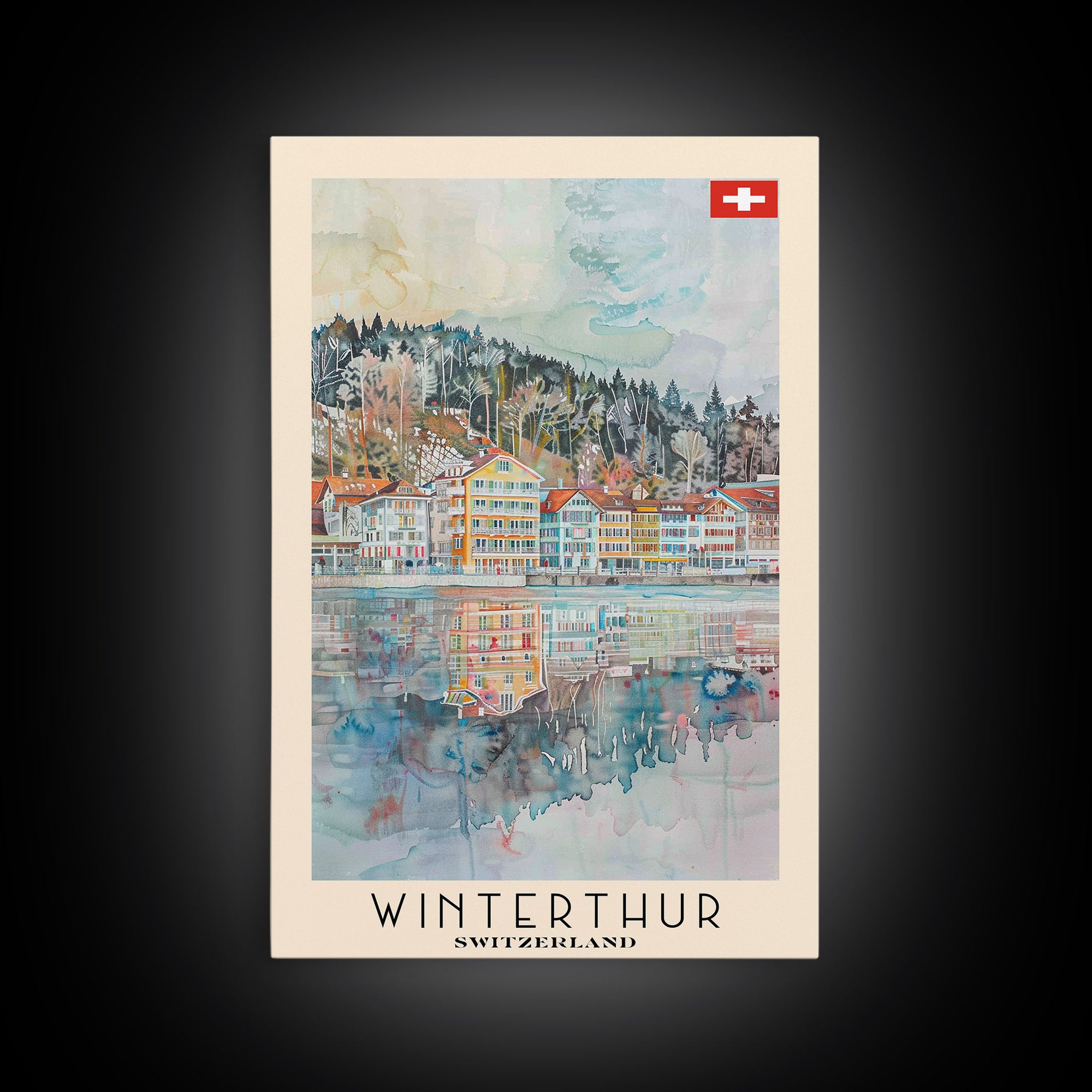 Winterthur Switzerland Travel Poster Framed Canvas Print, Watercolor Painting, Scenic Wall Art, Home Decor, Swiss Landscape, Thoughtful Gift